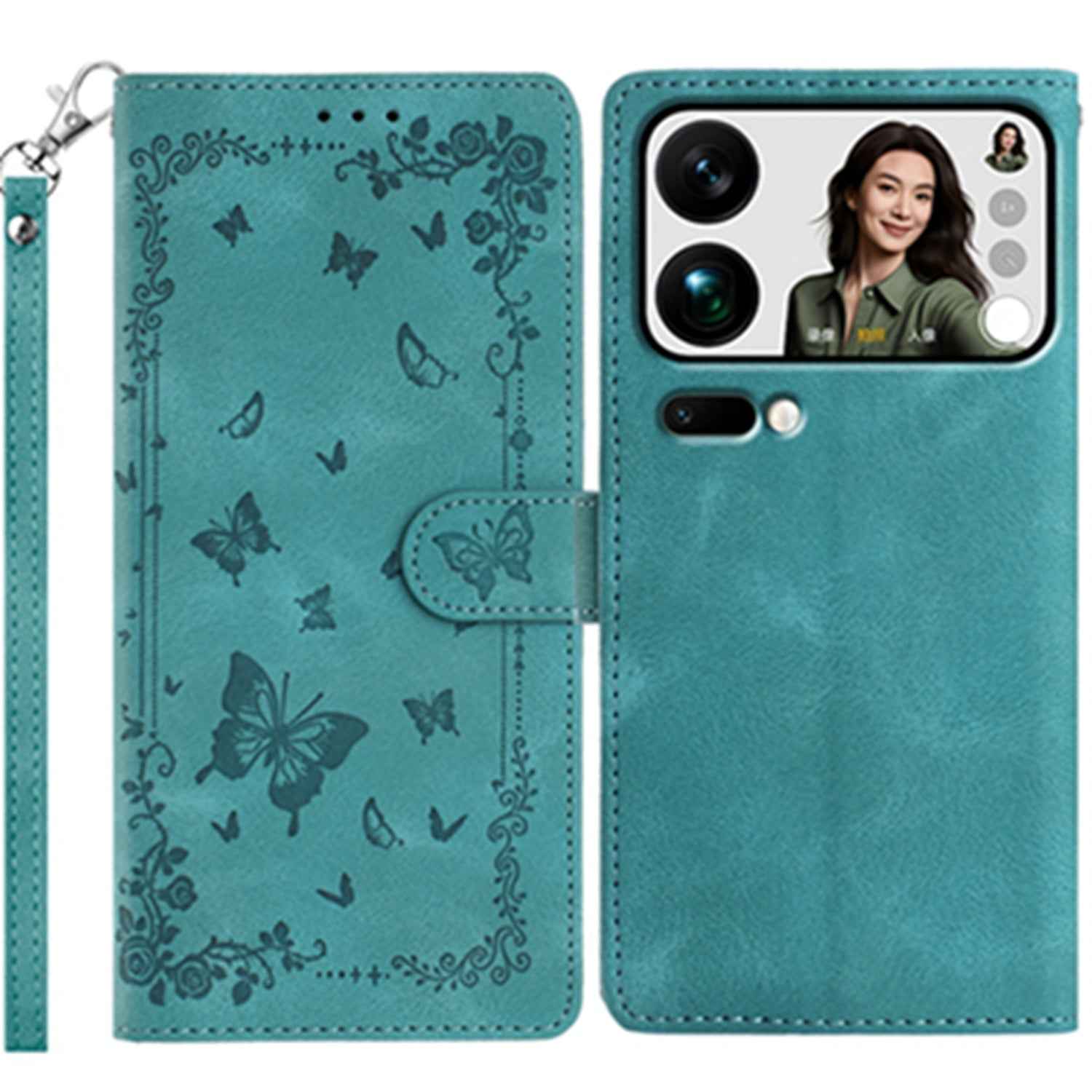 For Xiaomi 17 Pro Case Garden Imprinted PU Leather Wallet Phone Cover with Wrist Strap - Green