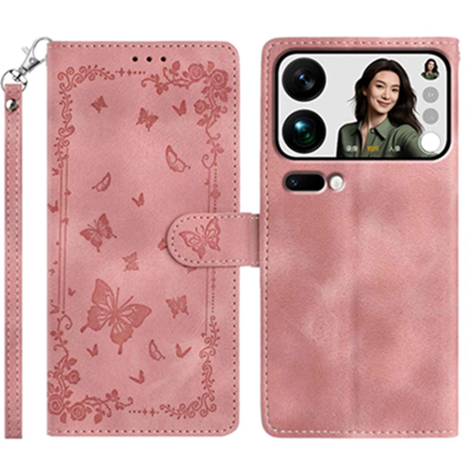 For Xiaomi 17 Pro Case Garden Imprinted PU Leather Wallet Phone Cover with Wrist Strap - Pink