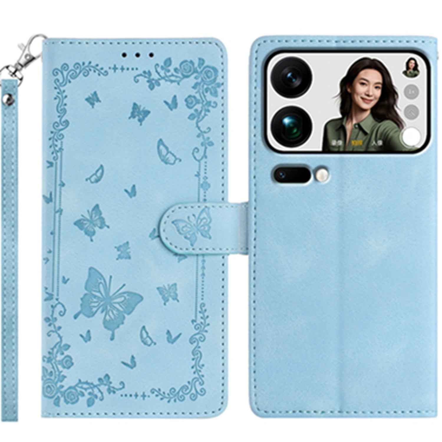 For Xiaomi 17 Pro Case Garden Imprinted PU Leather Wallet Phone Cover with Wrist Strap - Baby Blue
