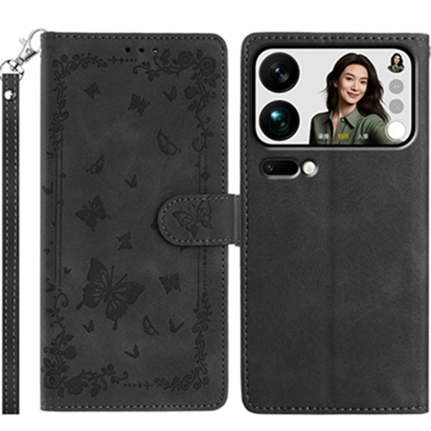For Xiaomi 17 Pro Case Garden Imprinted PU Leather Wallet Phone Cover with Wrist Strap - Black