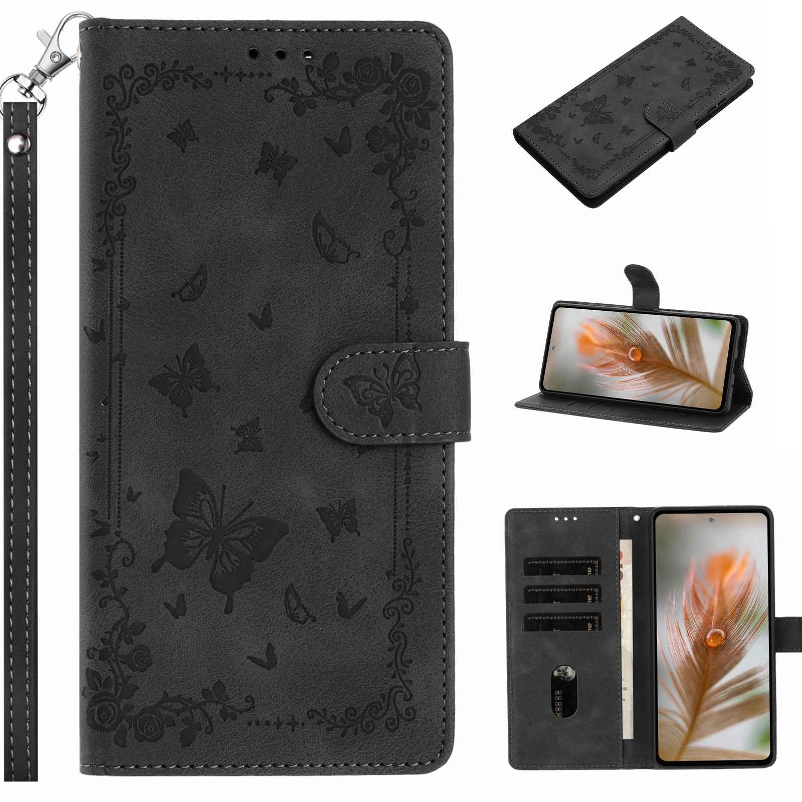 For Xiaomi 17 Pro Case Garden Imprinted PU Leather Wallet Phone Cover with Wrist Strap - Black