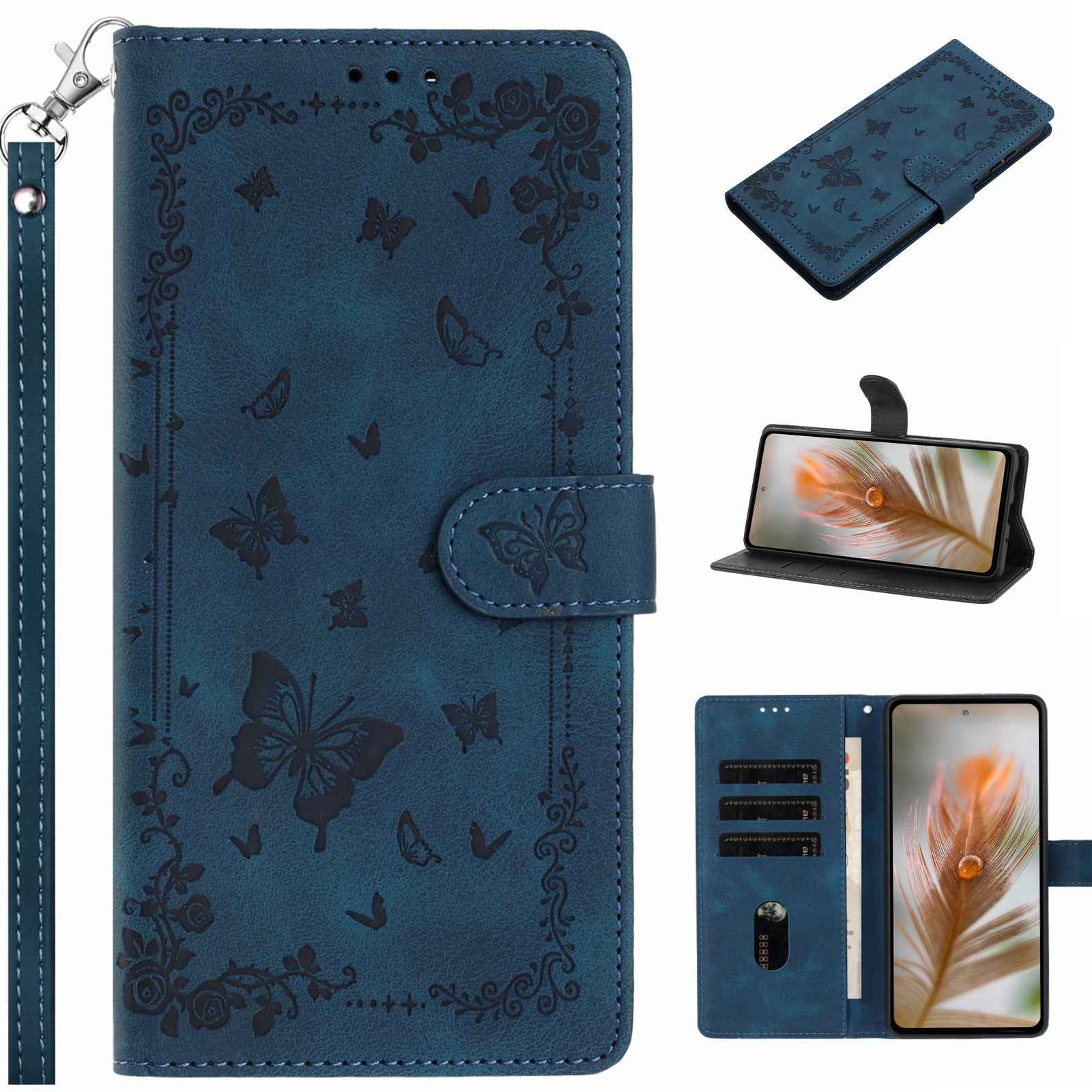 For Xiaomi 17 Pro Case Garden Imprinted PU Leather Wallet Phone Cover with Wrist Strap - Dark Blue