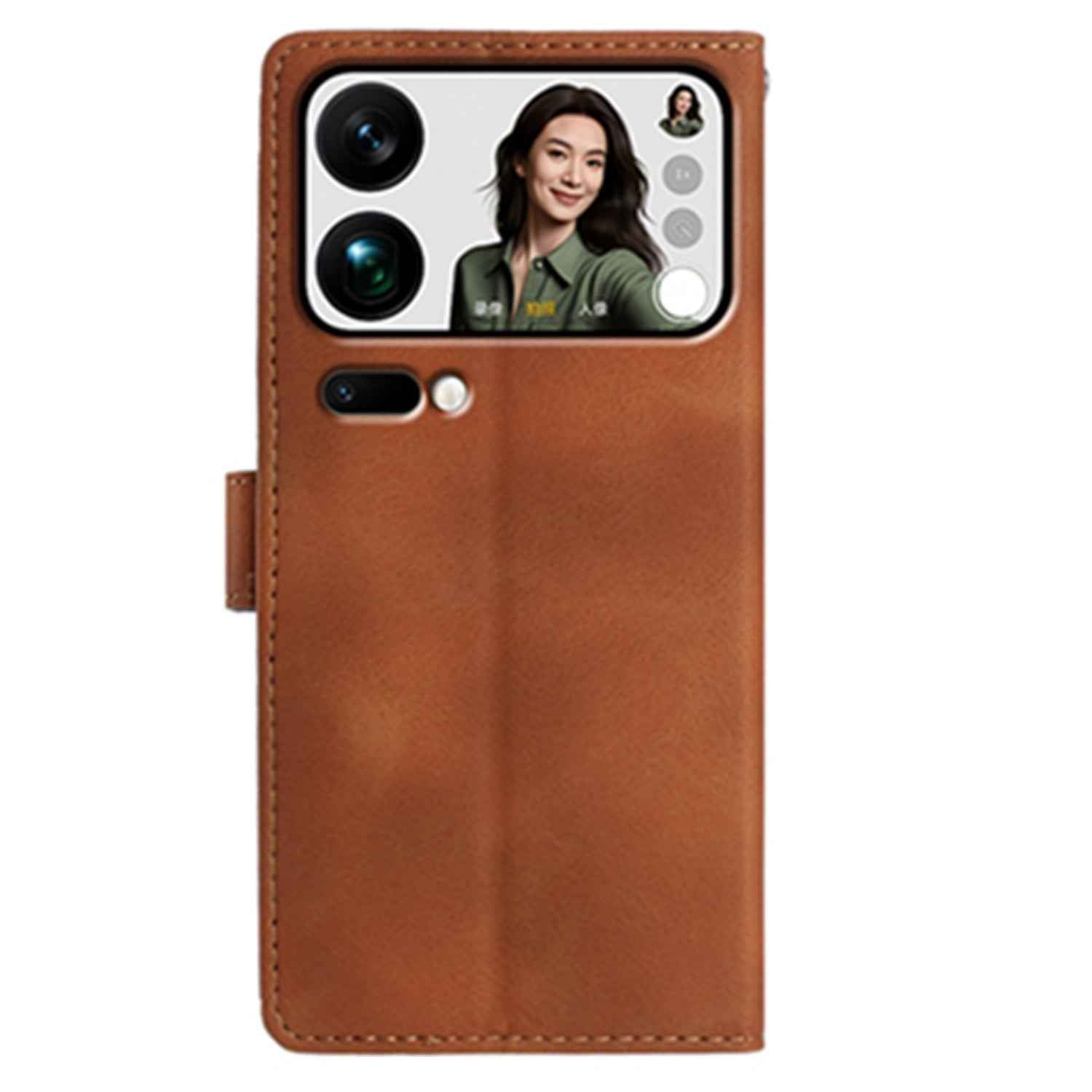 For Xiaomi 17 Pro Case Garden Imprinted PU Leather Wallet Phone Cover with Wrist Strap - Brown