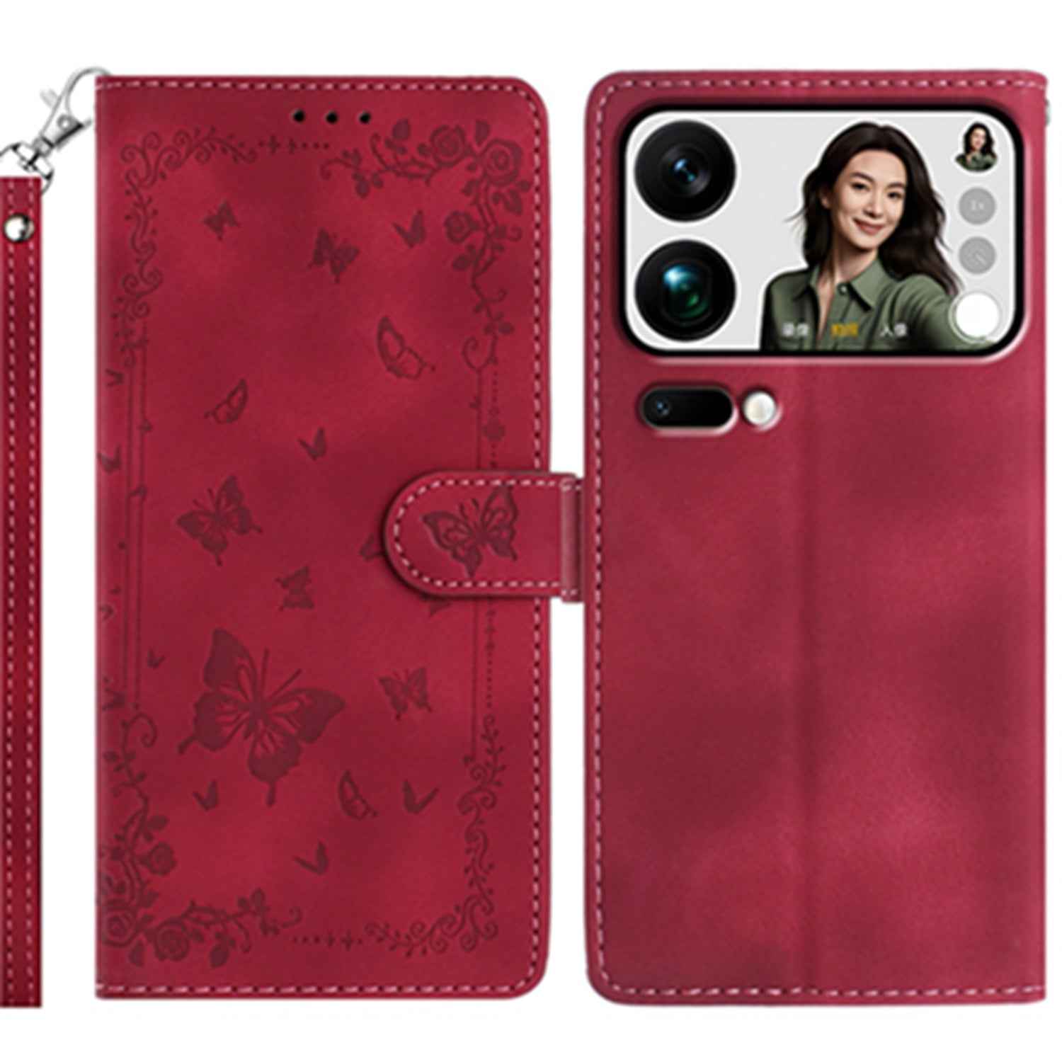 For Xiaomi 17 Pro Case Garden Imprinted PU Leather Wallet Phone Cover with Wrist Strap - Dark Red