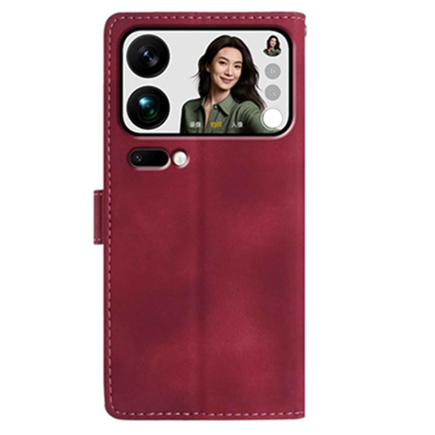 For Xiaomi 17 Pro Case Garden Imprinted PU Leather Wallet Phone Cover with Wrist Strap - Dark Red