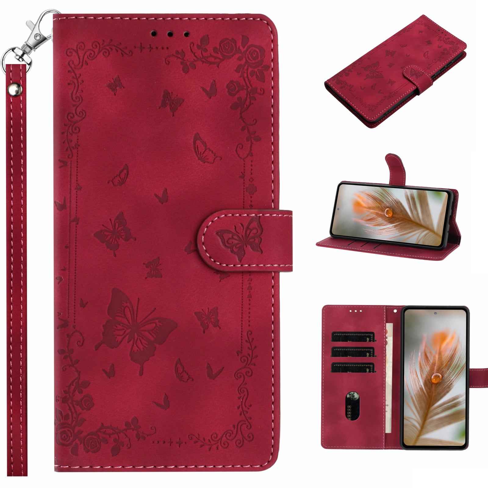 For Xiaomi 17 Pro Case Garden Imprinted PU Leather Wallet Phone Cover with Wrist Strap - Dark Red