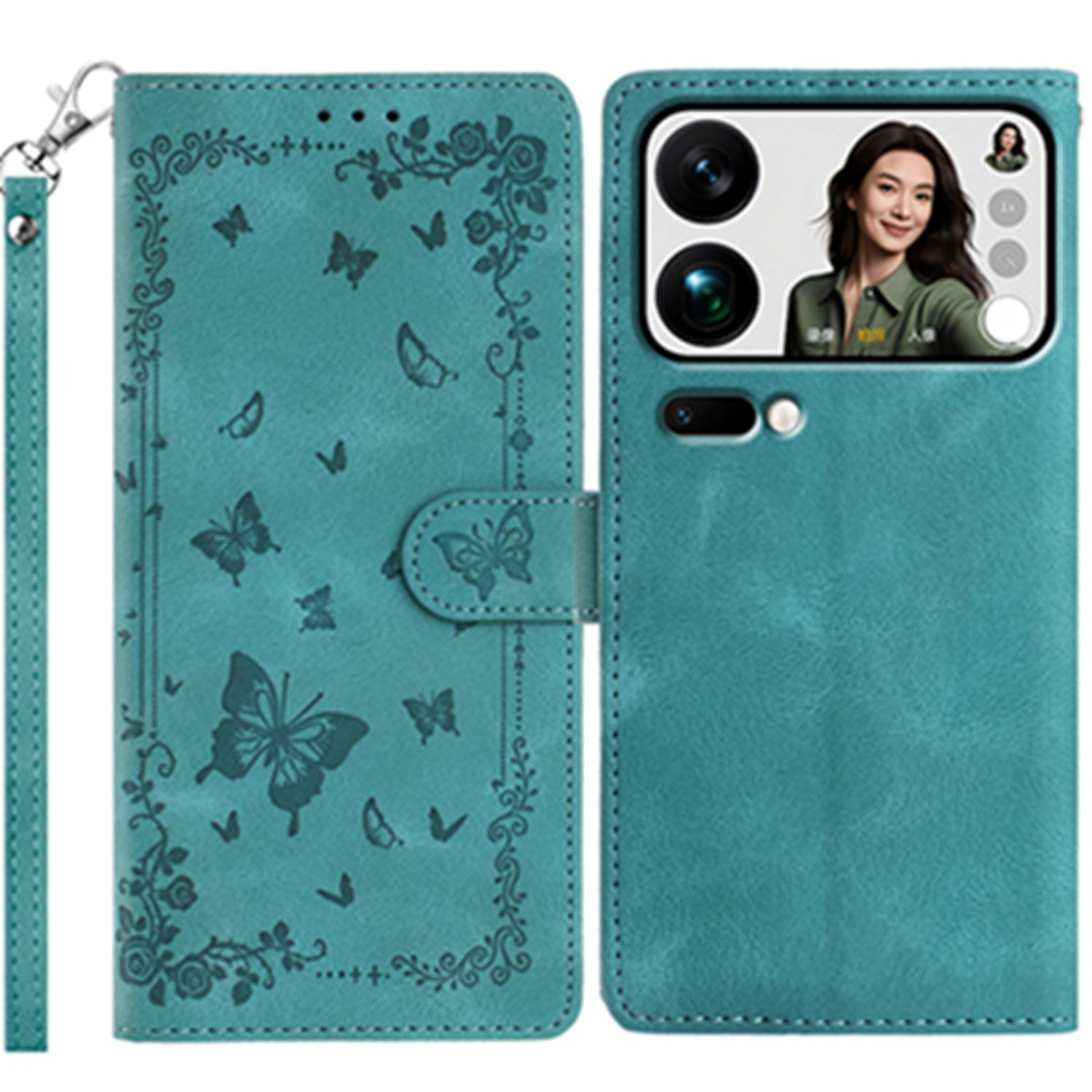 For Xiaomi 17 Pro Max Case Garden Imprinted PU Leather Wallet Phone Cover with Wrist Strap - Green