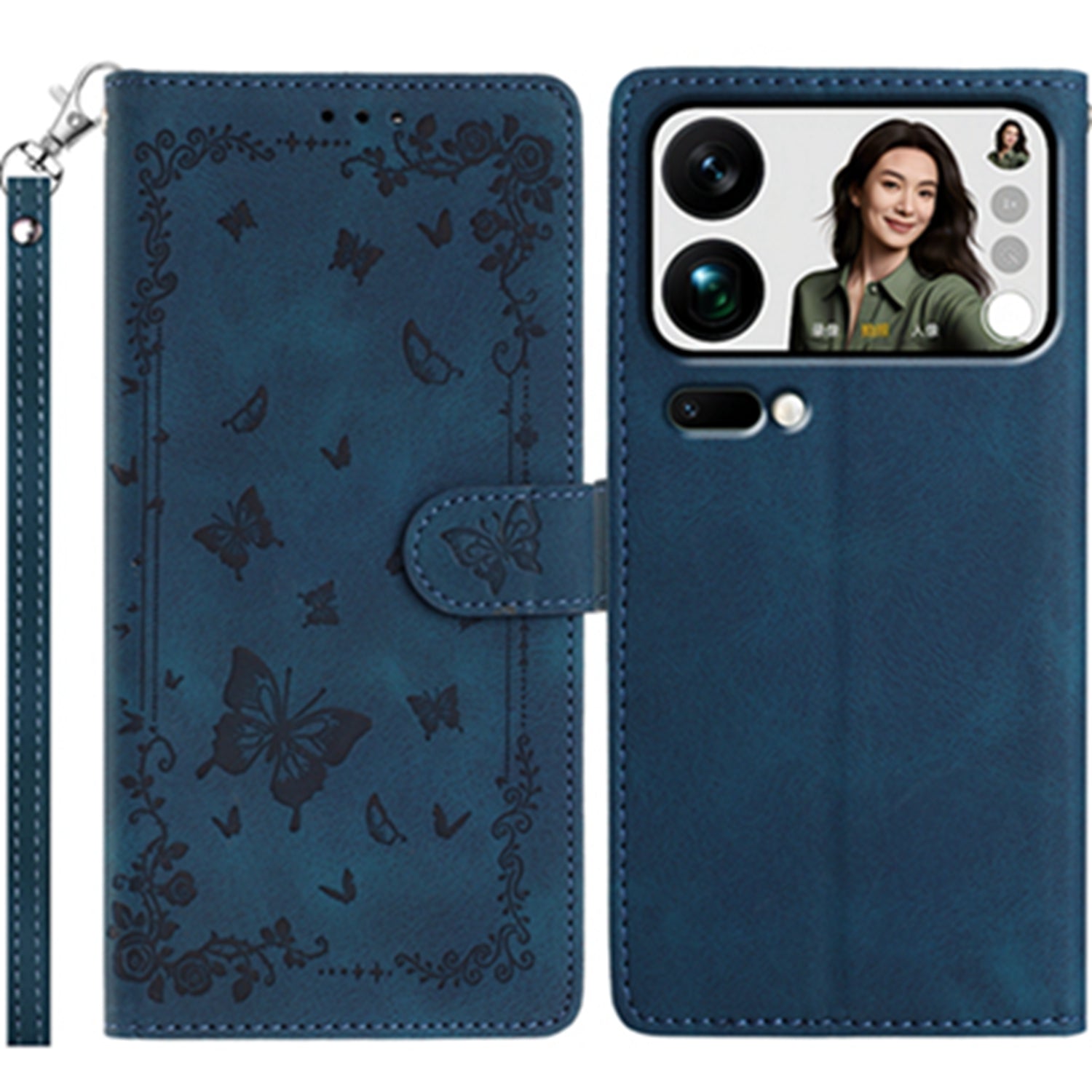 For Xiaomi 17 Pro Max Case Garden Imprinted PU Leather Wallet Phone Cover with Wrist Strap - Dark Blue