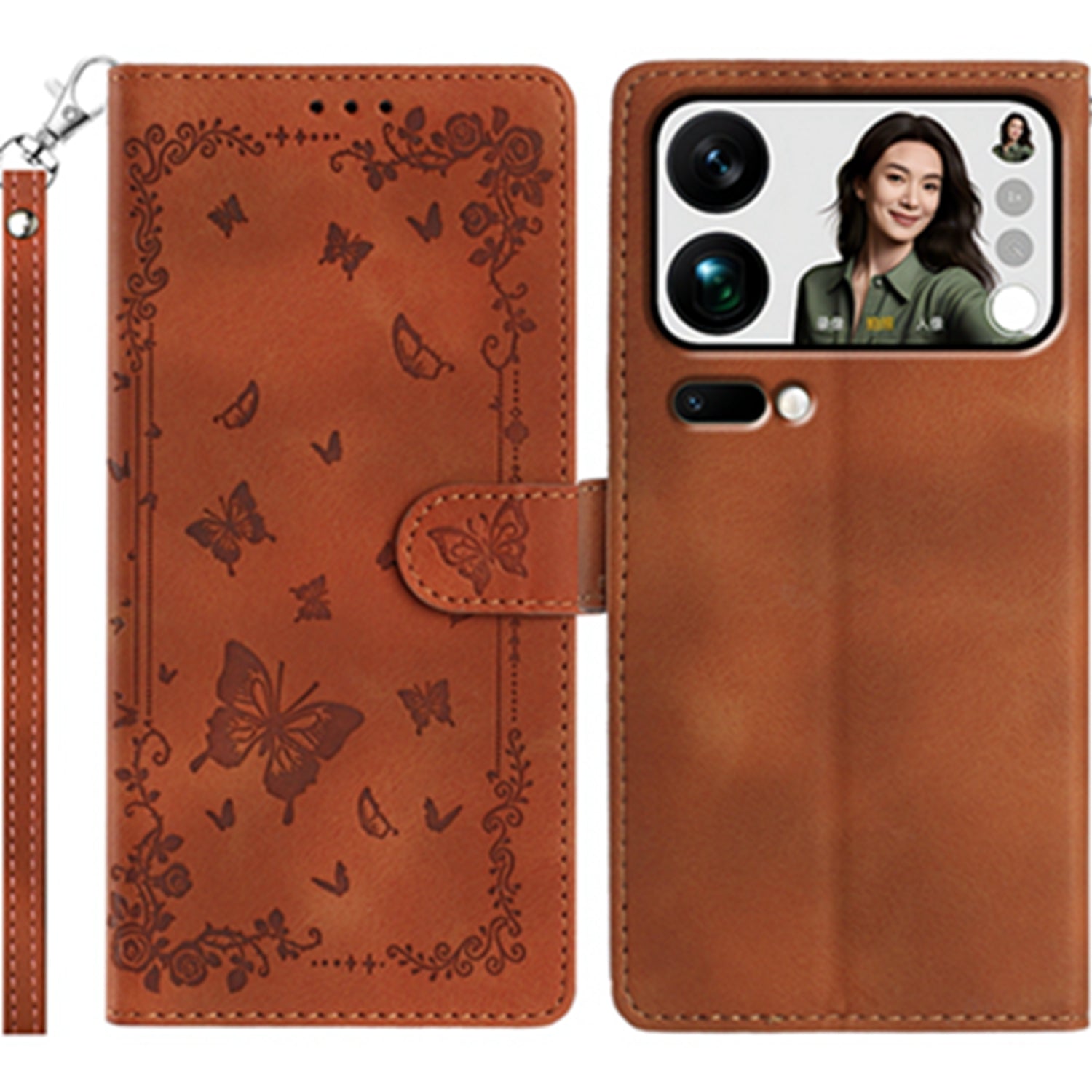 For Xiaomi 17 Pro Max Case Garden Imprinted PU Leather Wallet Phone Cover with Wrist Strap - Brown