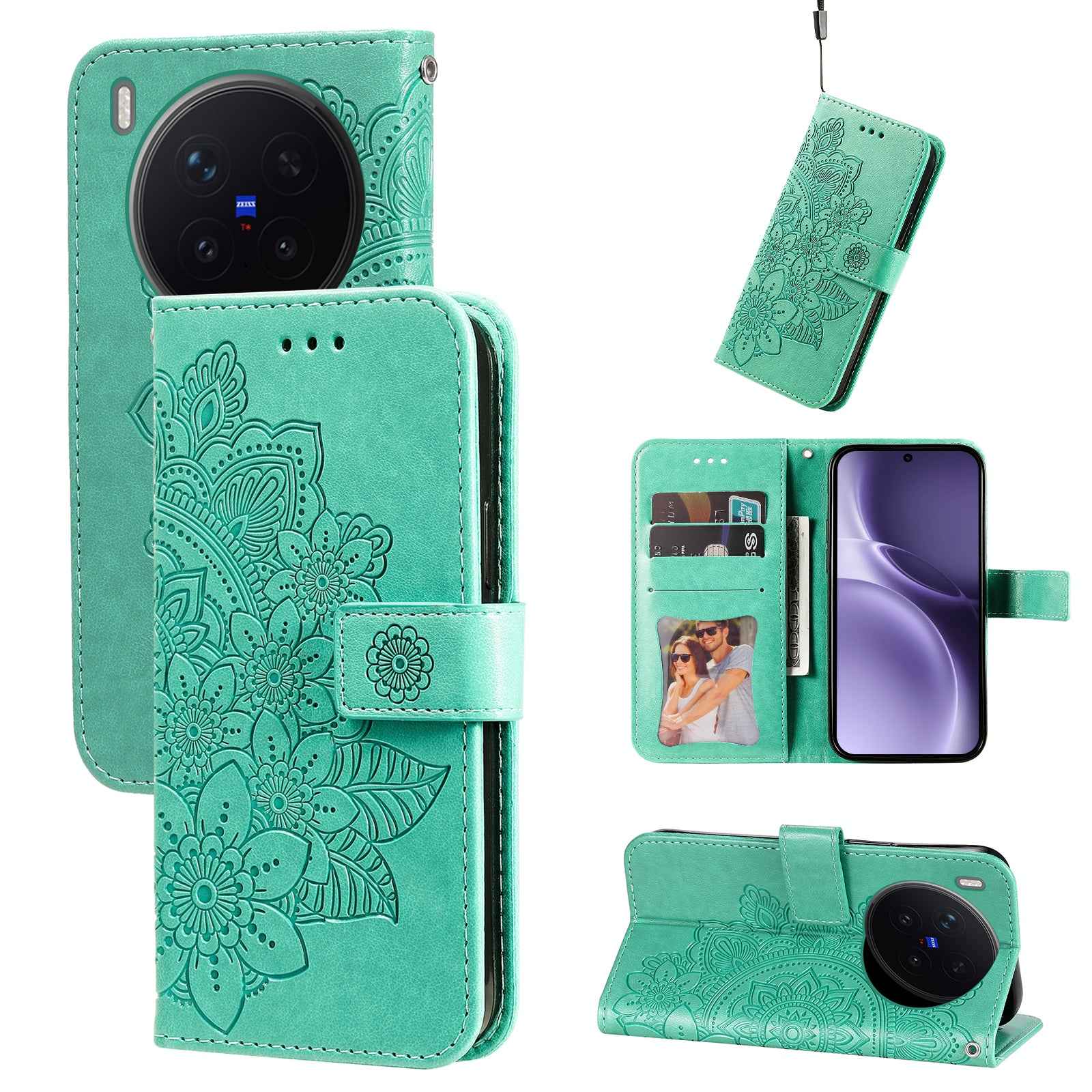 For vivo X300 Pro 5G Case Floral Pattern PU Leather Wallet Stand Phone Cover - Green