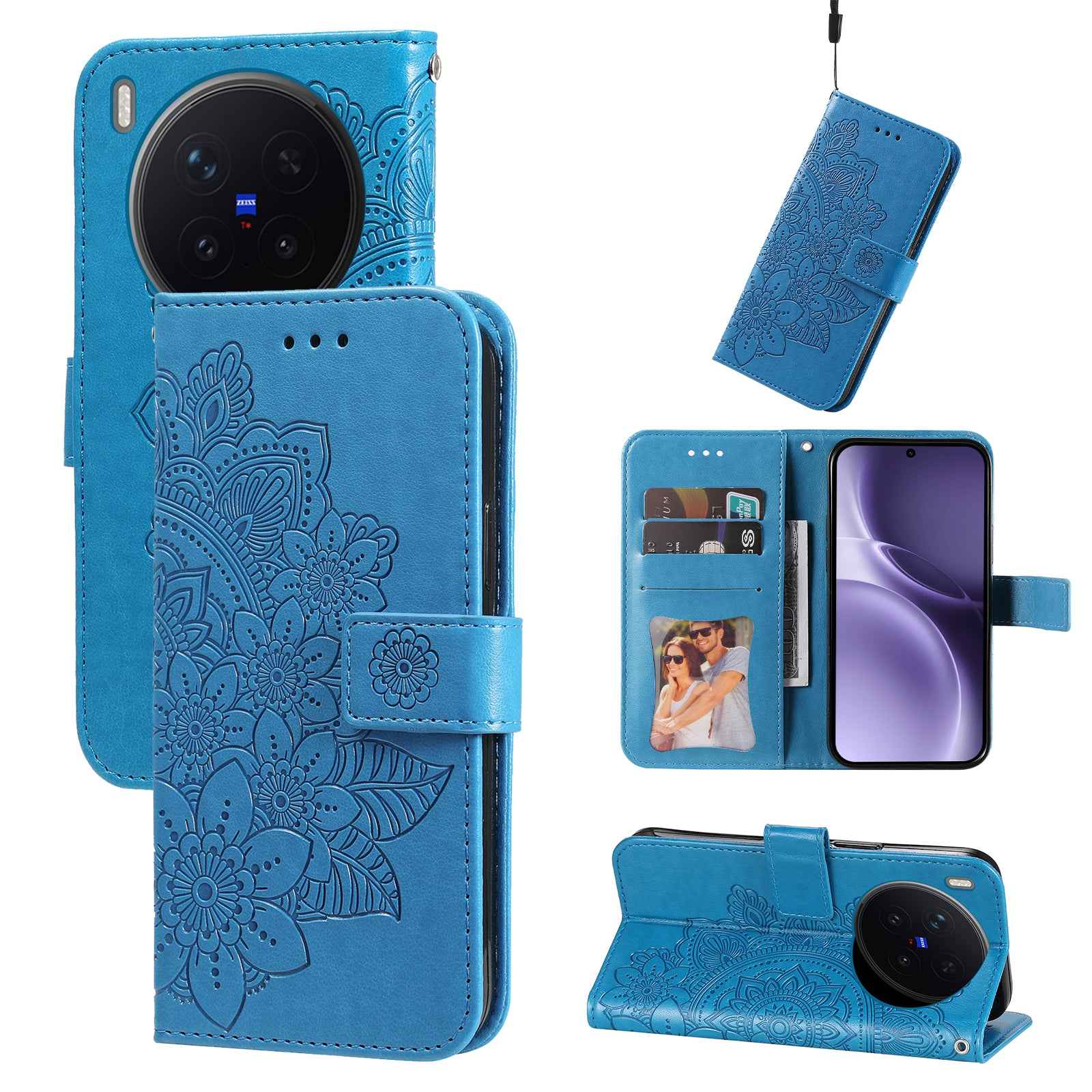 For vivo X300 Pro 5G Case Floral Pattern PU Leather Wallet Stand Phone Cover - Blue
