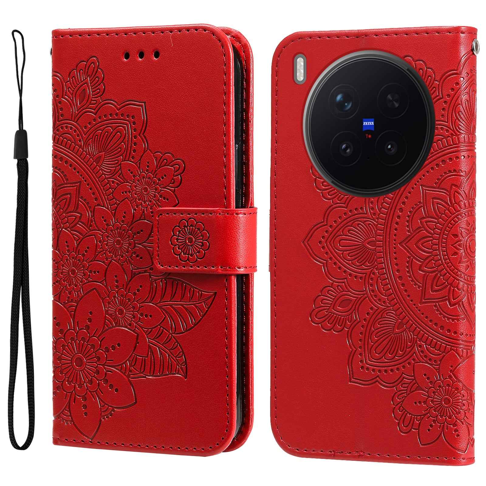 For vivo X300 Pro 5G Case Floral Pattern PU Leather Wallet Stand Phone Cover - Red