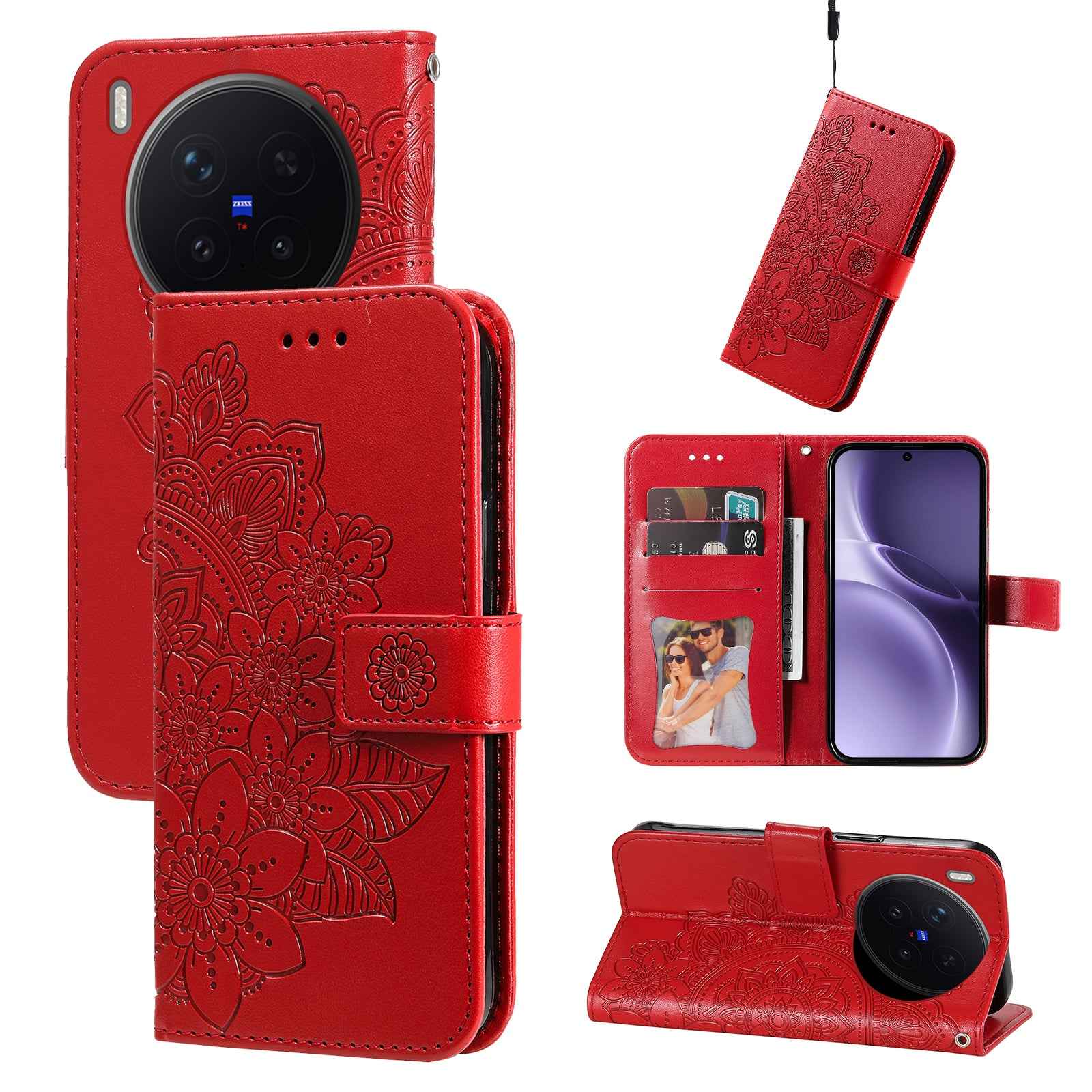 For vivo X300 Pro 5G Case Floral Pattern PU Leather Wallet Stand Phone Cover - Red