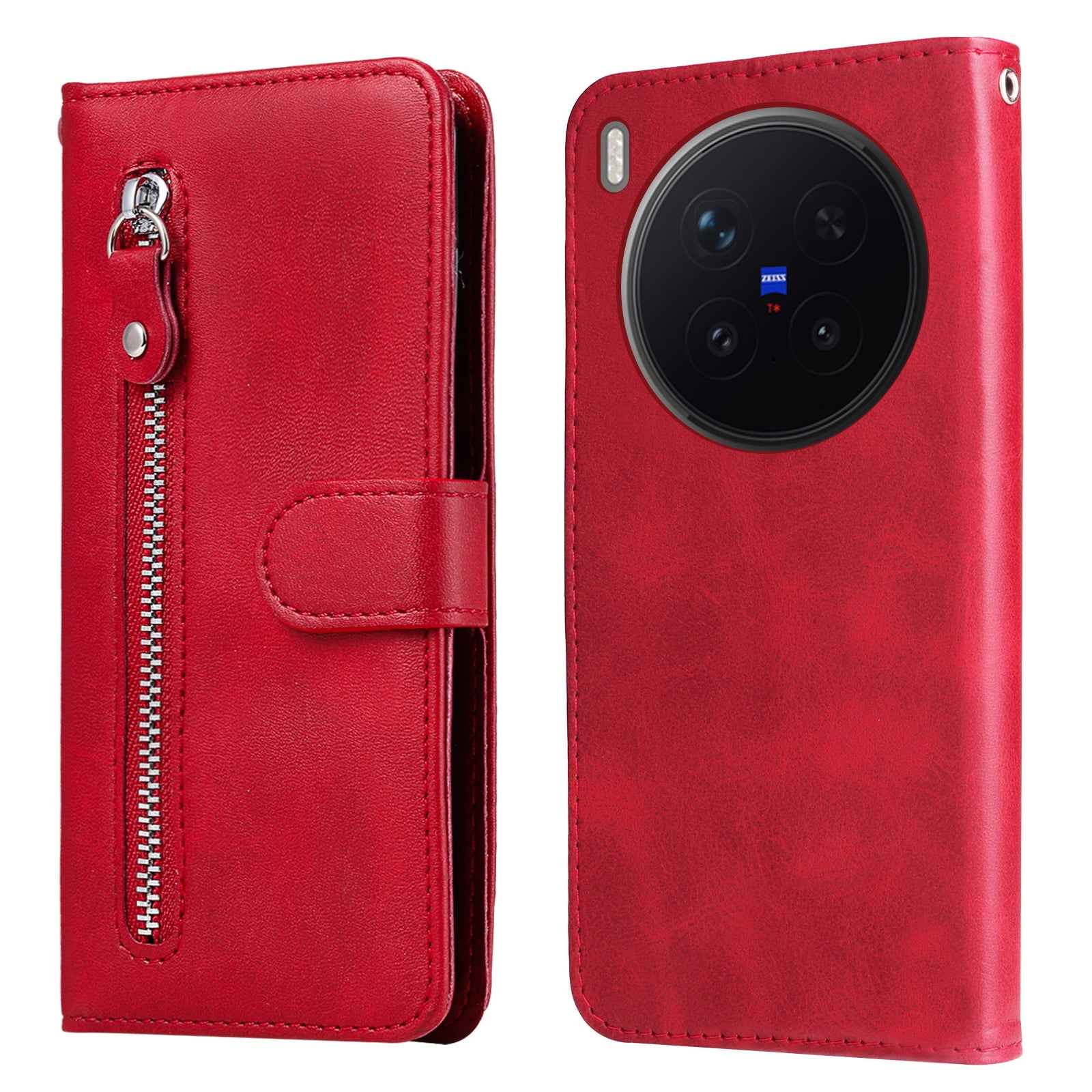 For vivo X300 Pro 5G PU Leather Cases with Zipper Pocket Wallet Phone Cover Stand - Red