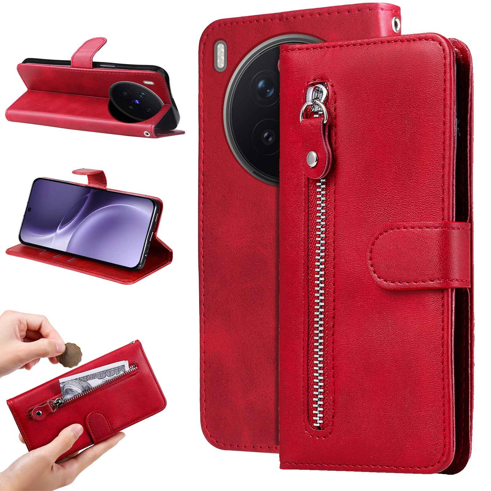 For vivo X300 Pro 5G PU Leather Cases with Zipper Pocket Wallet Phone Cover Stand - Red