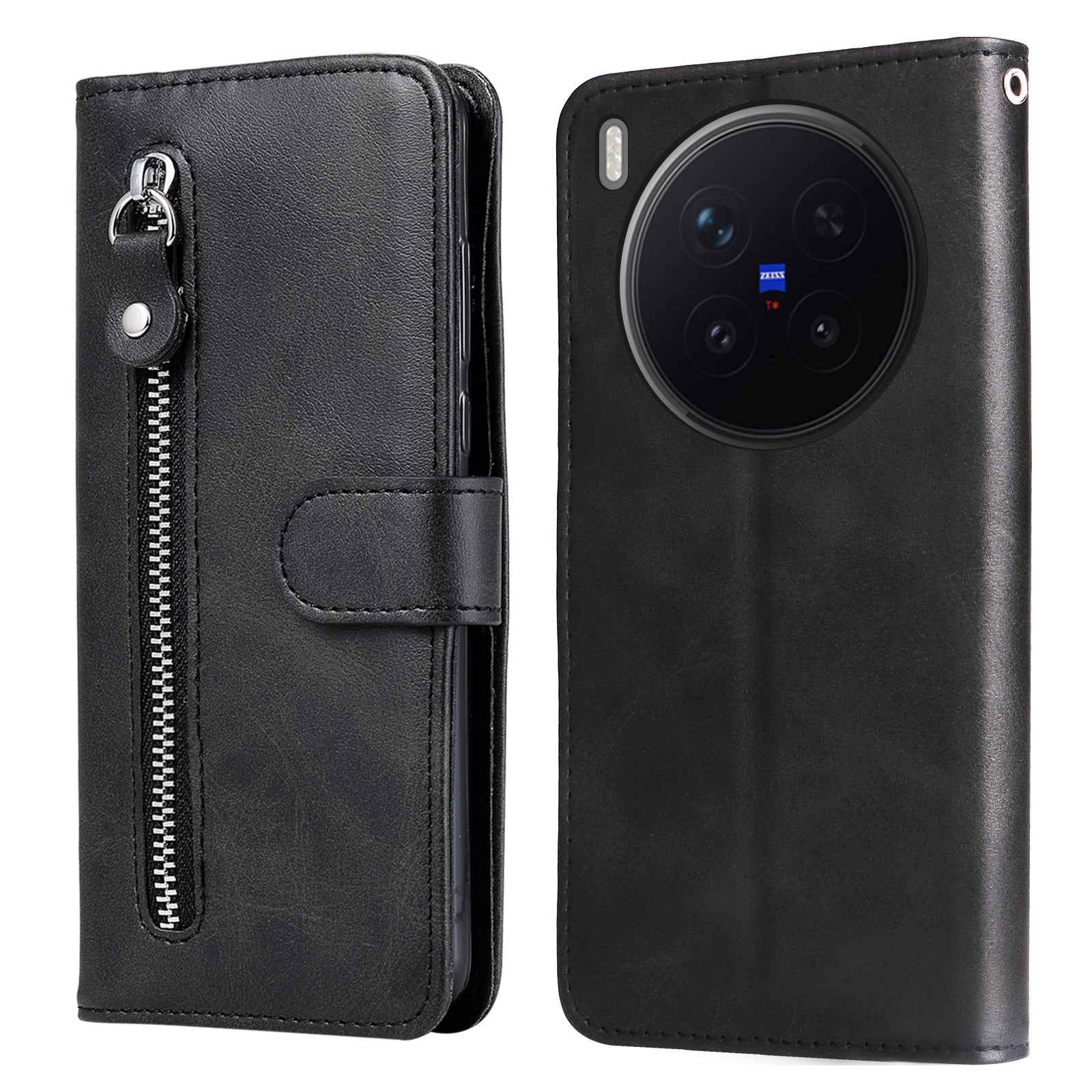 For vivo X300 Pro 5G PU Leather Cases with Zipper Pocket Wallet Phone Cover Stand - Black