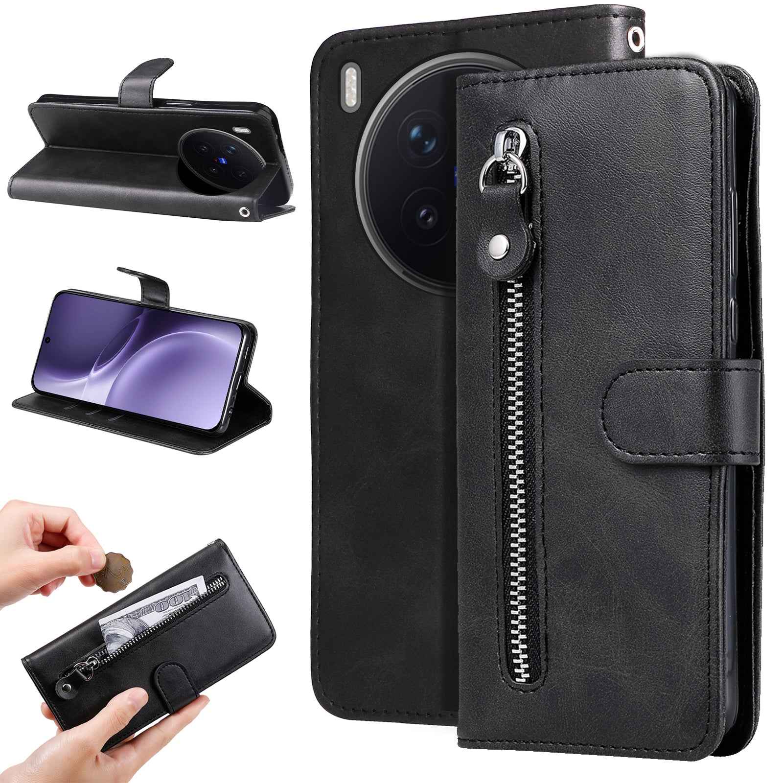For vivo X300 Pro 5G PU Leather Cases with Zipper Pocket Wallet Phone Cover Stand - Black
