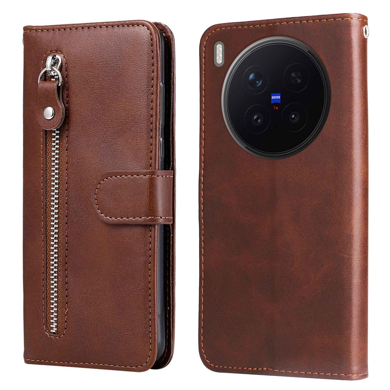 For vivo X300 Pro 5G PU Leather Cases with Zipper Pocket Wallet Phone Cover Stand - Brown