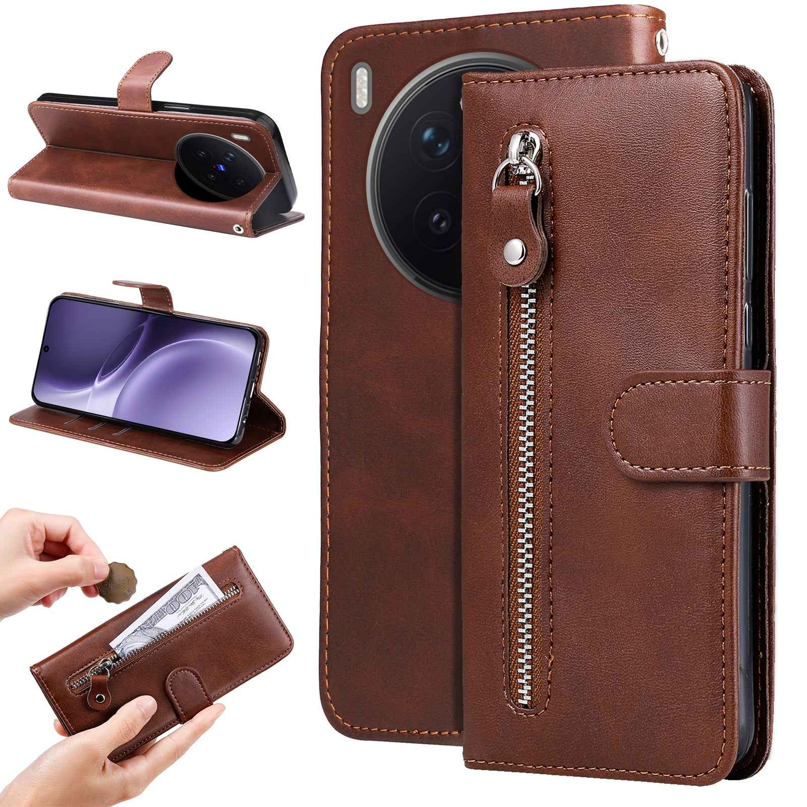 For vivo X300 Pro 5G PU Leather Cases with Zipper Pocket Wallet Phone Cover Stand - Brown