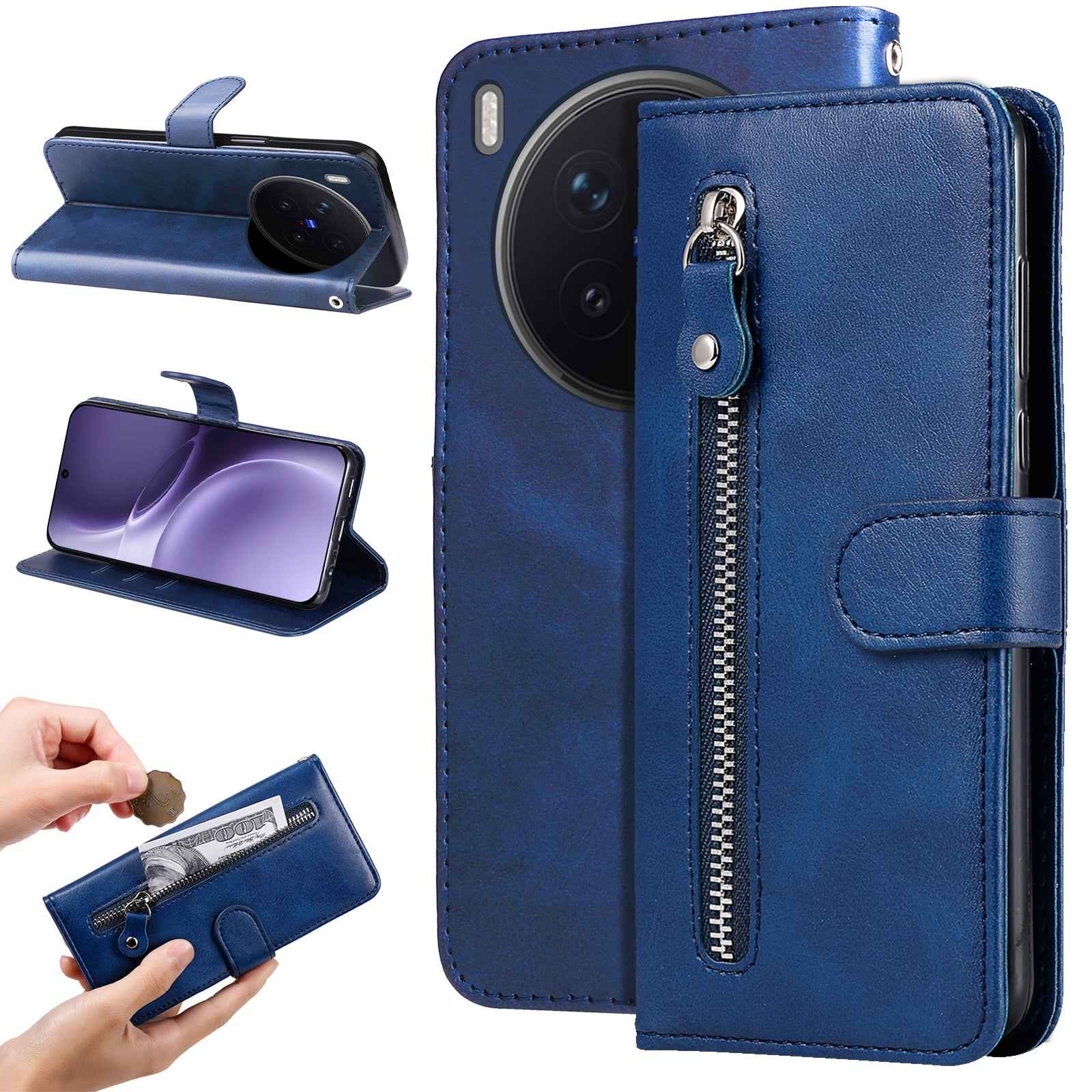 For vivo X300 Pro 5G PU Leather Cases with Zipper Pocket Wallet Phone Cover Stand - Blue
