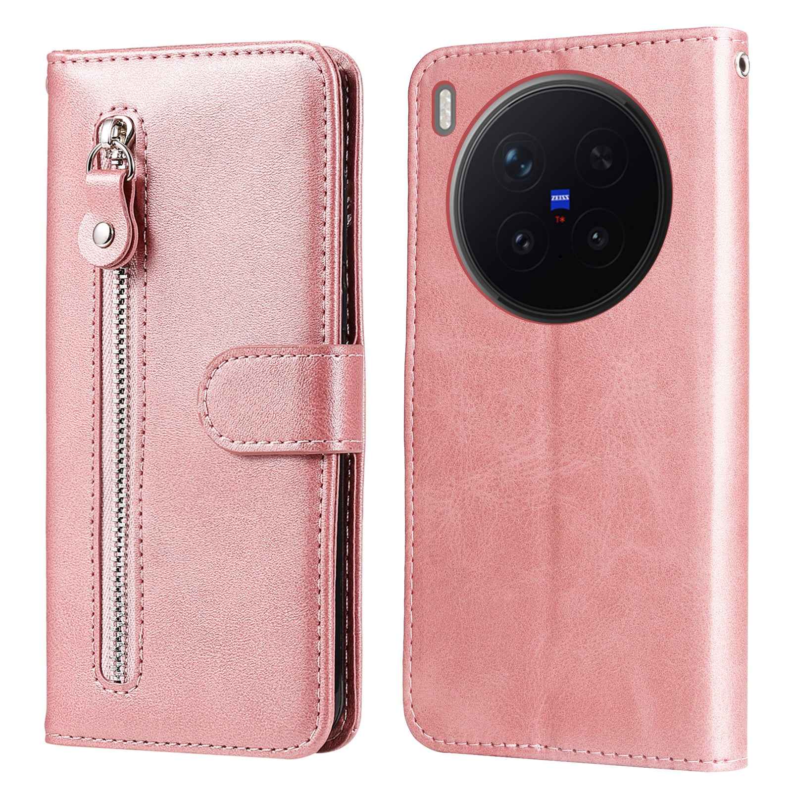 For vivo X300 Pro 5G PU Leather Cases with Zipper Pocket Wallet Phone Cover Stand - Pink