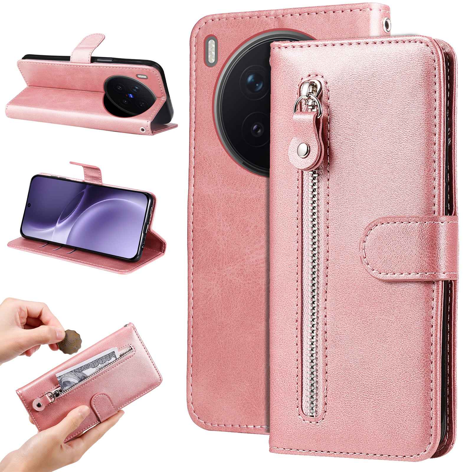 For vivo X300 Pro 5G PU Leather Cases with Zipper Pocket Wallet Phone Cover Stand - Pink