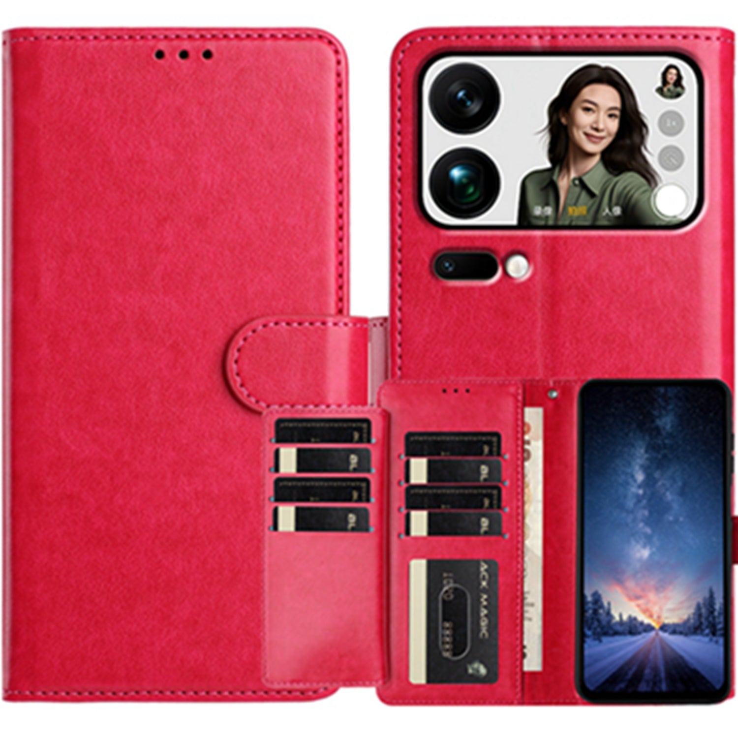 For Xiaomi 17 Pro Max Wallet Phone Case Stand PU Leather Folio Flip Cover with 8 Card Slot - Rose