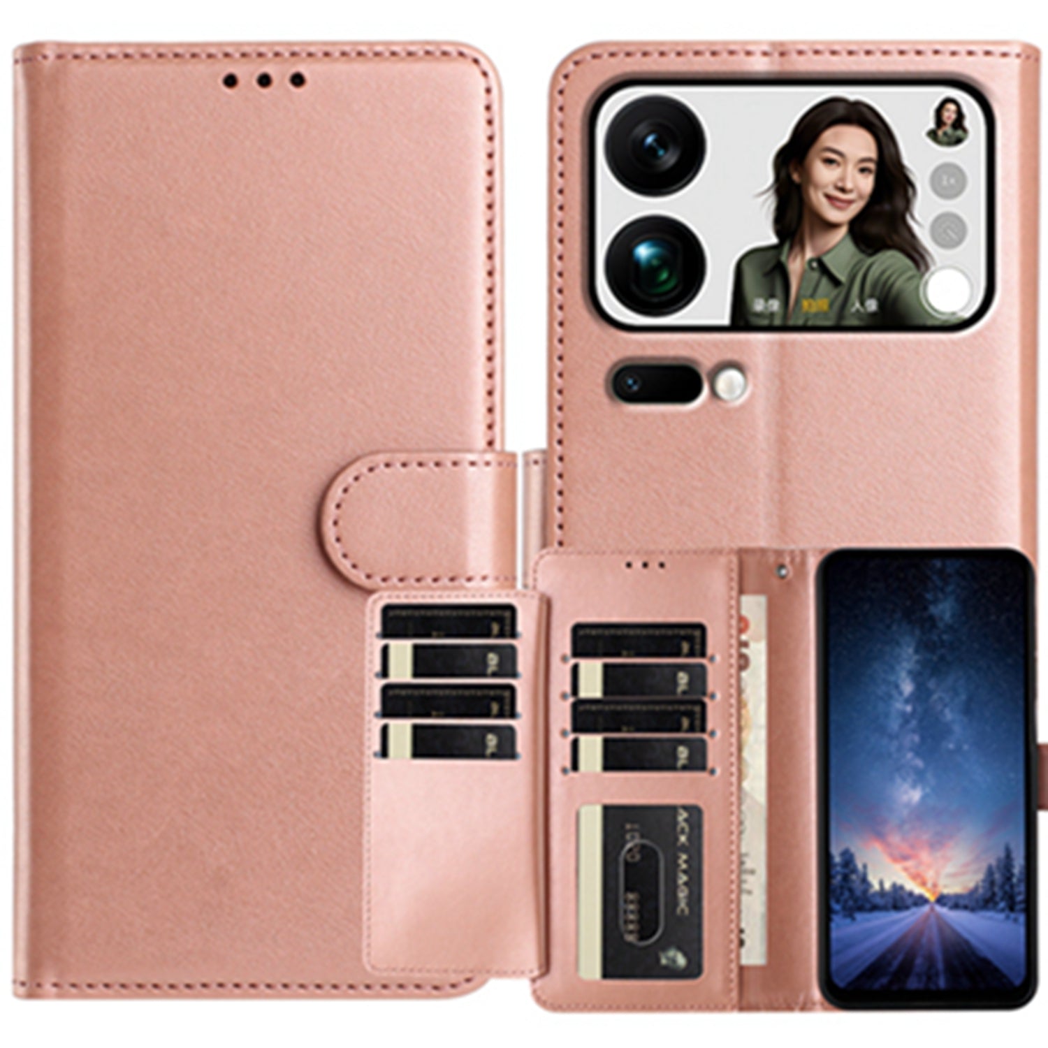 For Xiaomi 17 Pro Max Wallet Phone Case Stand PU Leather Folio Flip Cover with 8 Card Slot - Rose Gold