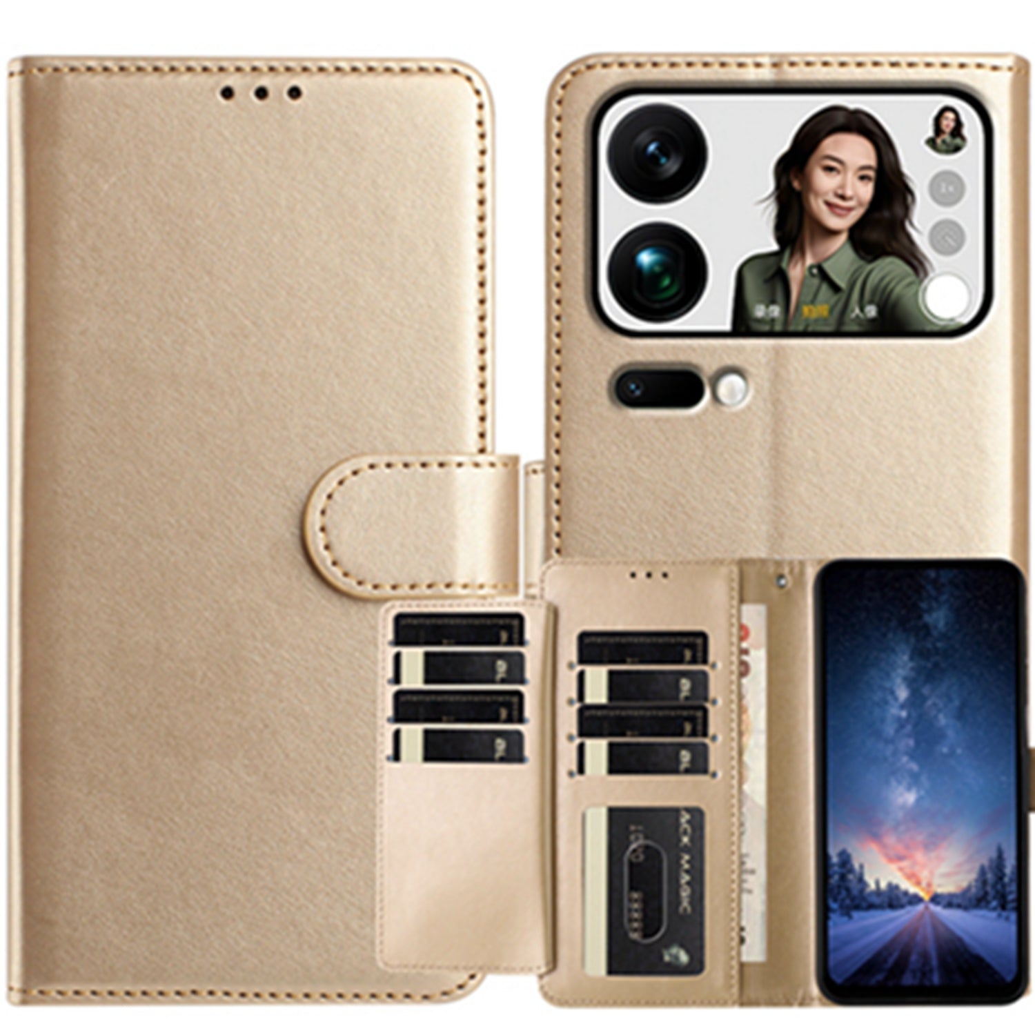 For Xiaomi 17 Pro Max Wallet Phone Case Stand PU Leather Folio Flip Cover with 8 Card Slot - Gold