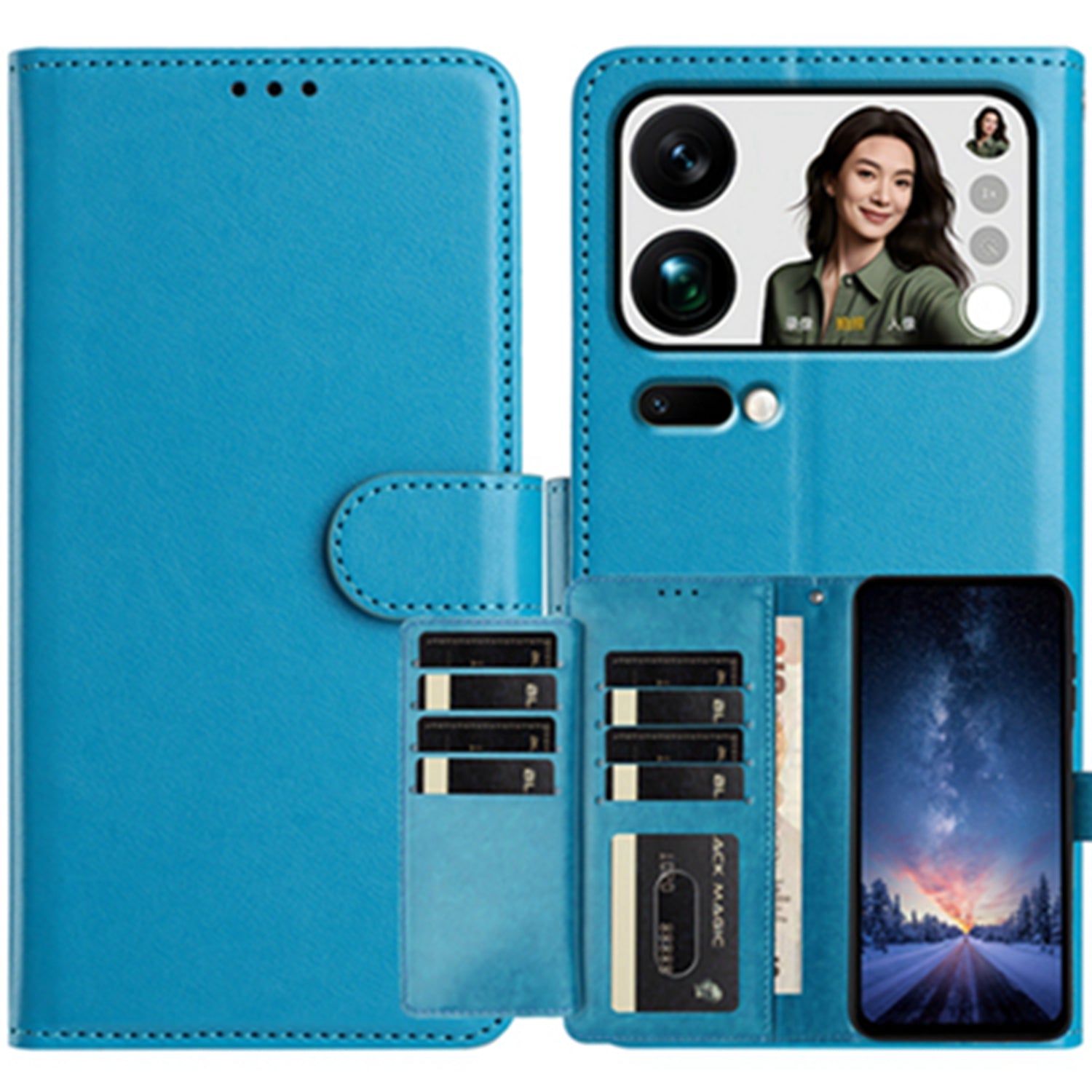 For Xiaomi 17 Pro Max Wallet Phone Case Stand PU Leather Folio Flip Cover with 8 Card Slot - Sky Blue