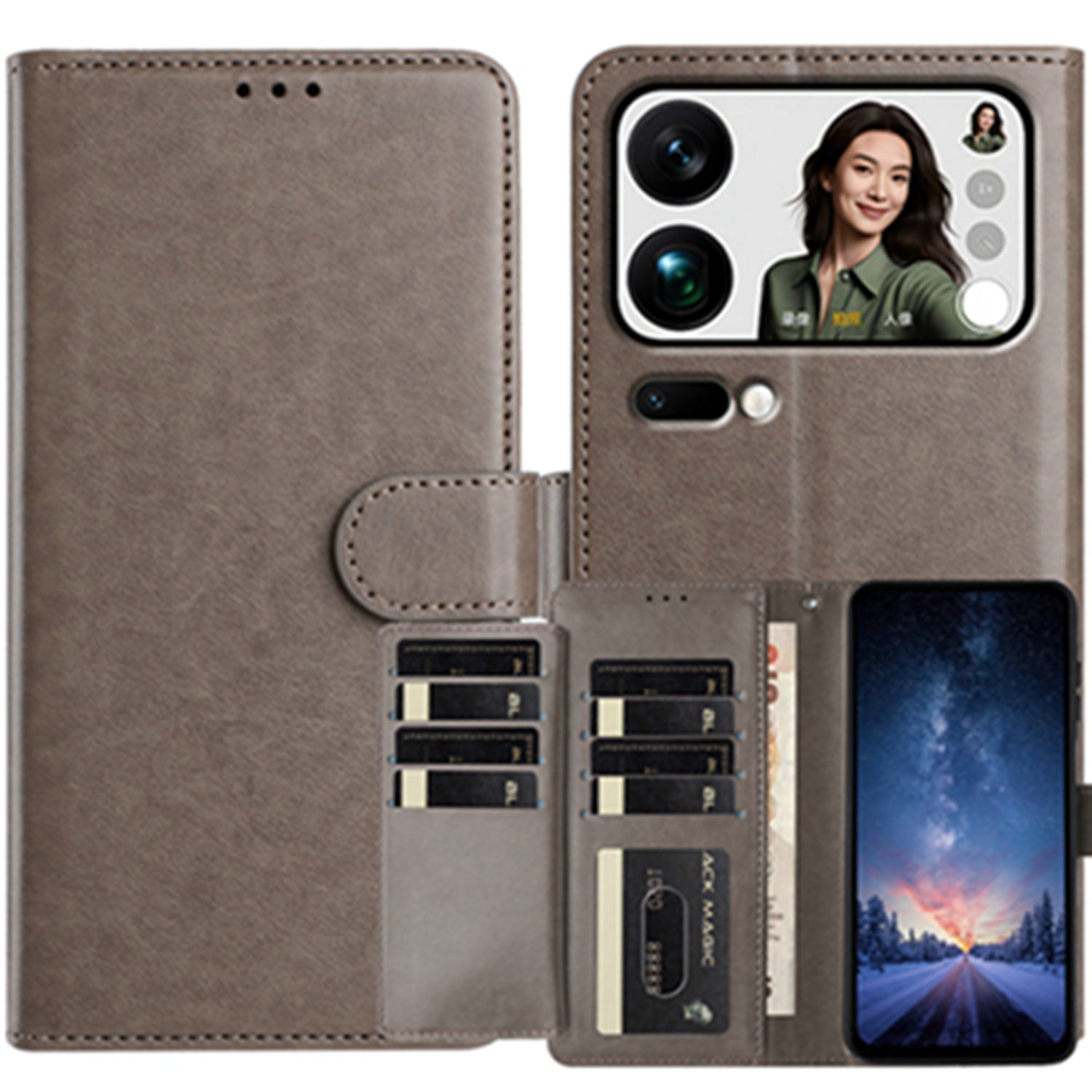 For Xiaomi 17 Pro Max Wallet Phone Case Stand PU Leather Folio Flip Cover with 8 Card Slot - Grey