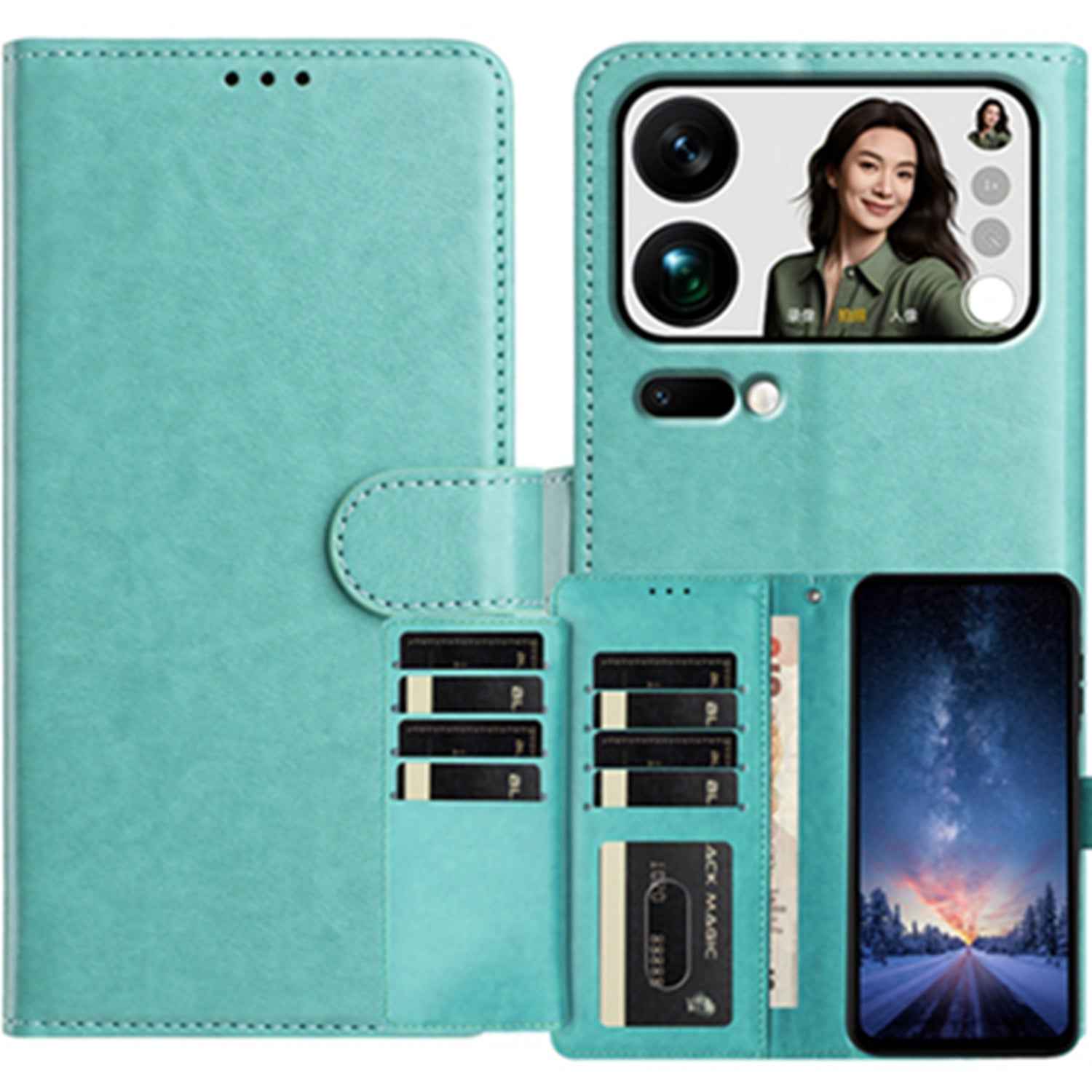 For Xiaomi 17 Pro Wallet Phone Case Stand PU Leather Folio Flip Cover with 8 Card Slot - Green