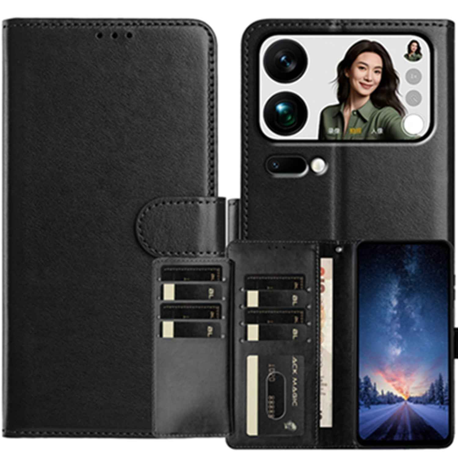 For Xiaomi 17 Pro Wallet Phone Case Stand PU Leather Folio Flip Cover with 8 Card Slot - Black