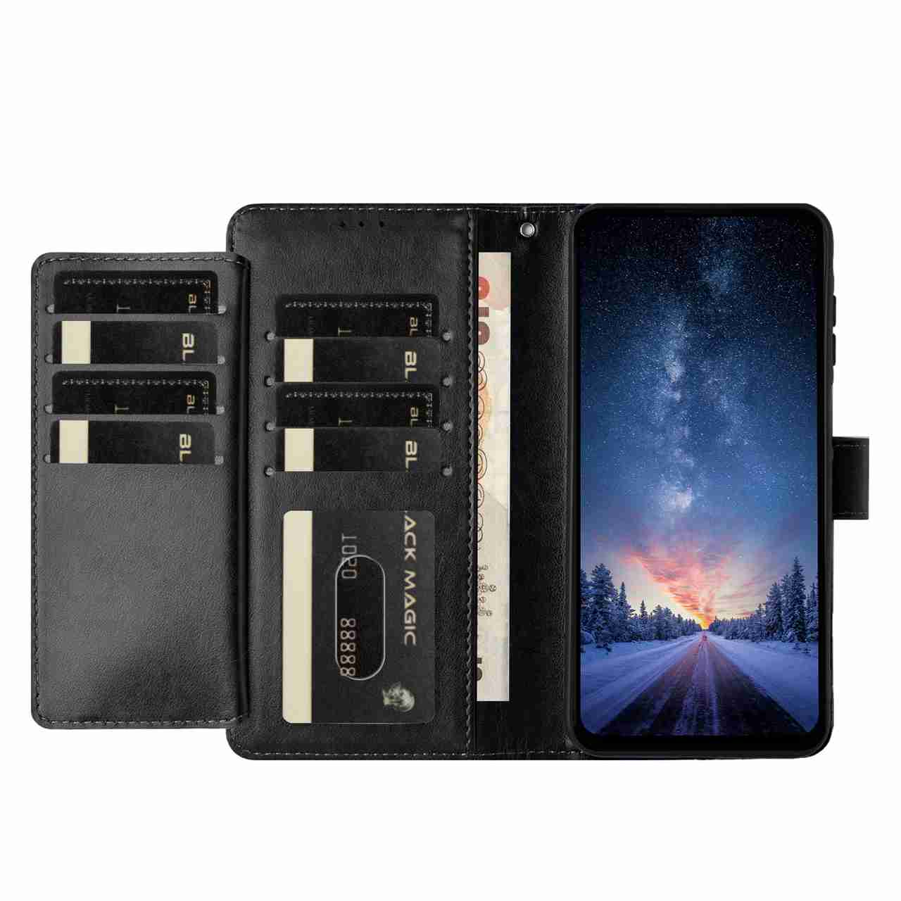 For Xiaomi 17 Pro Wallet Phone Case Stand PU Leather Folio Flip Cover with 8 Card Slot - Black