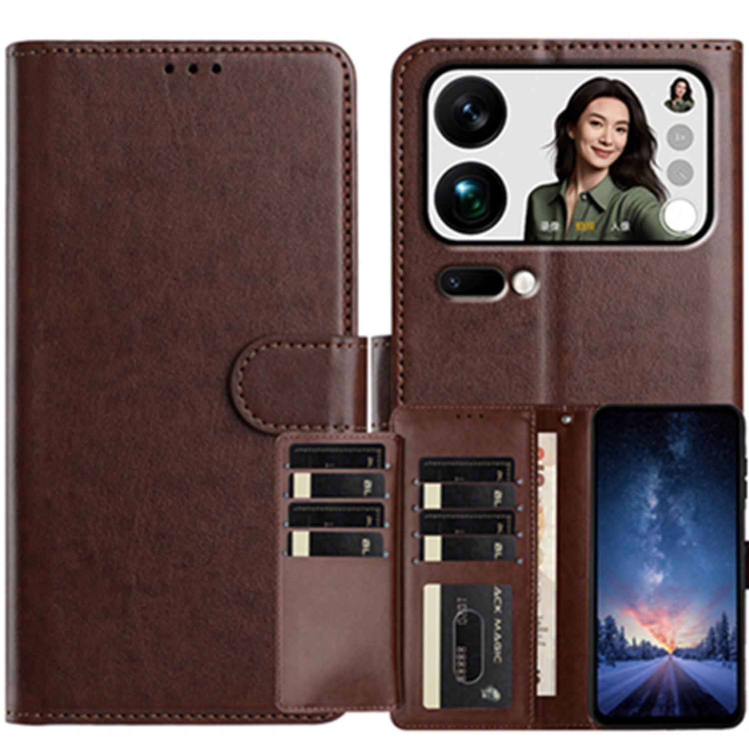For Xiaomi 17 Pro Wallet Phone Case Stand PU Leather Folio Flip Cover with 8 Card Slot - Coffee
