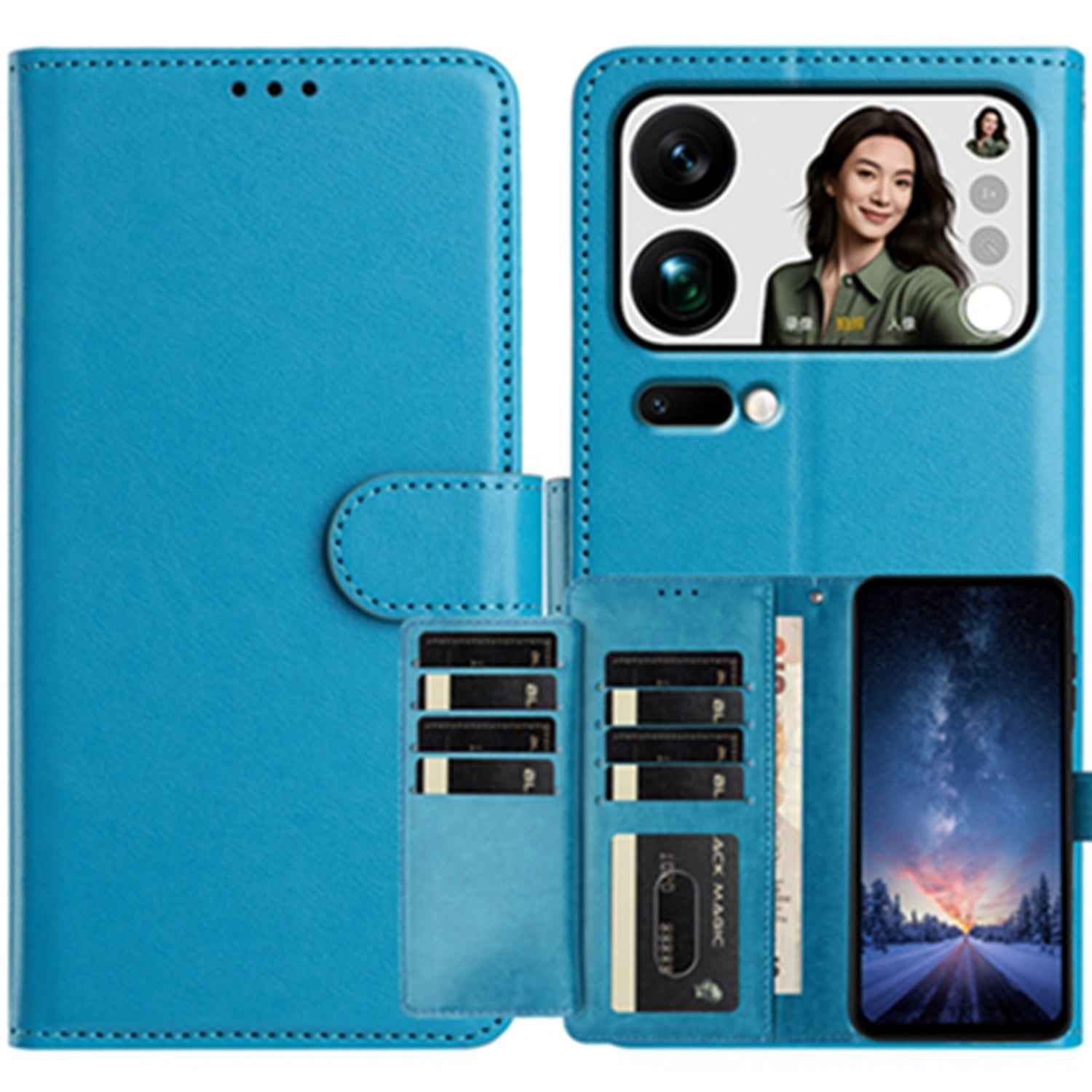 For Xiaomi 17 Pro Wallet Phone Case Stand PU Leather Folio Flip Cover with 8 Card Slot - Sky Blue