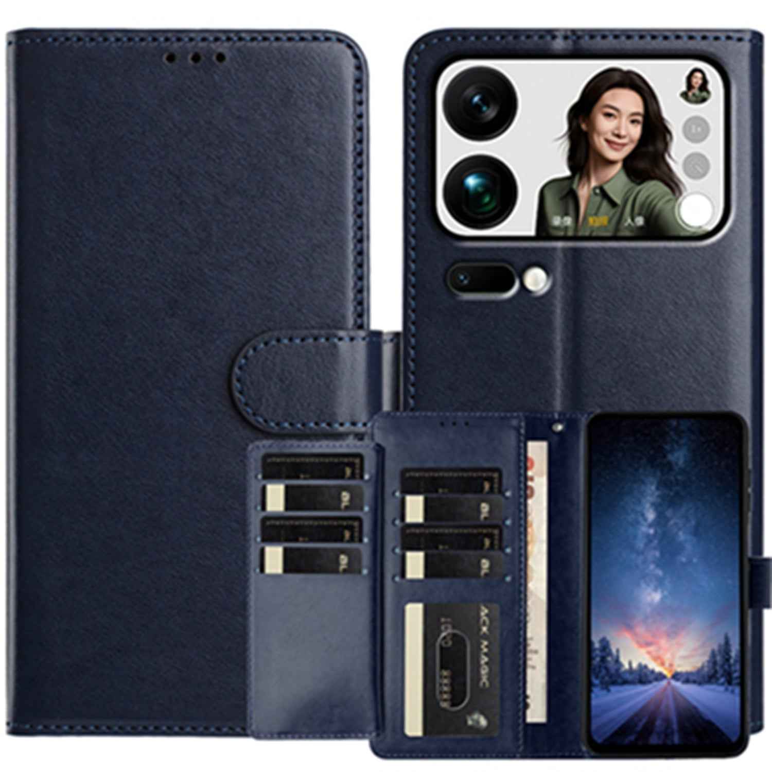 For Xiaomi 17 Pro Wallet Phone Case Stand PU Leather Folio Flip Cover with 8 Card Slot - Dark Blue