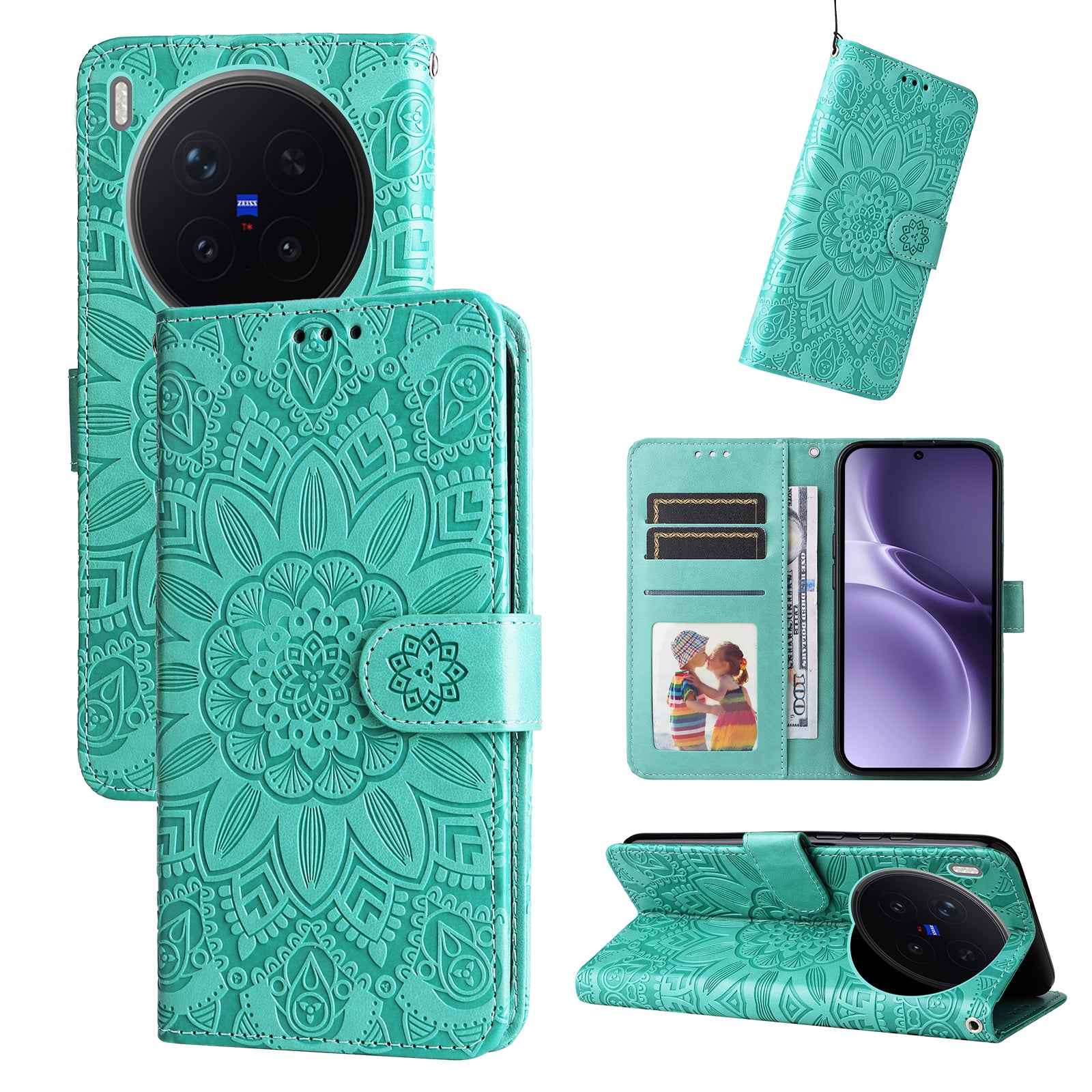 For vivo X300 Pro 5G Case Sunflower Imprint Leather Wallet Phone Cover - Green