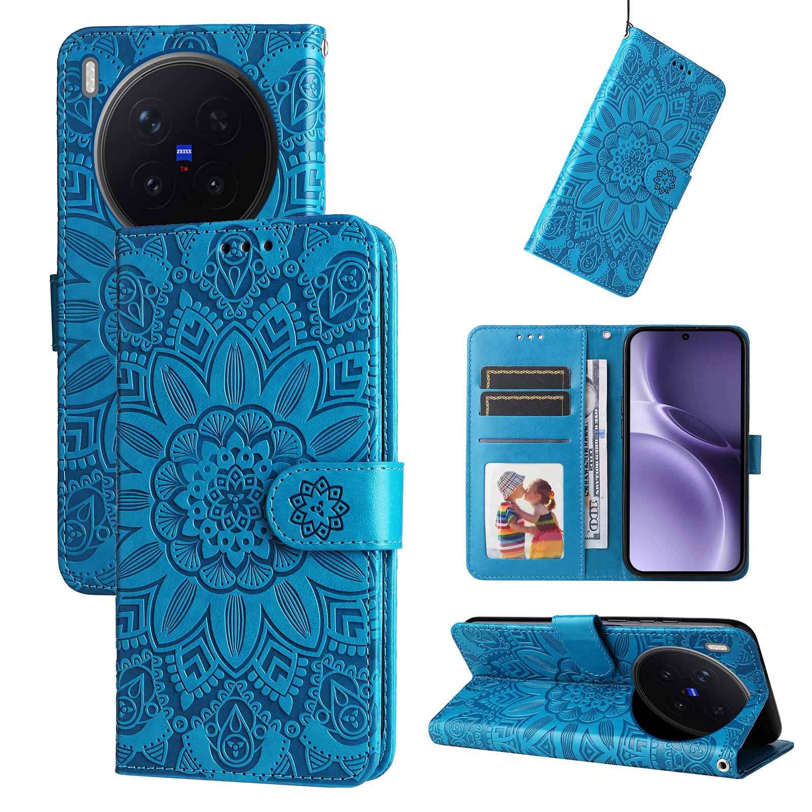 For vivo X300 Pro 5G Case Sunflower Imprint Leather Wallet Phone Cover - Blue