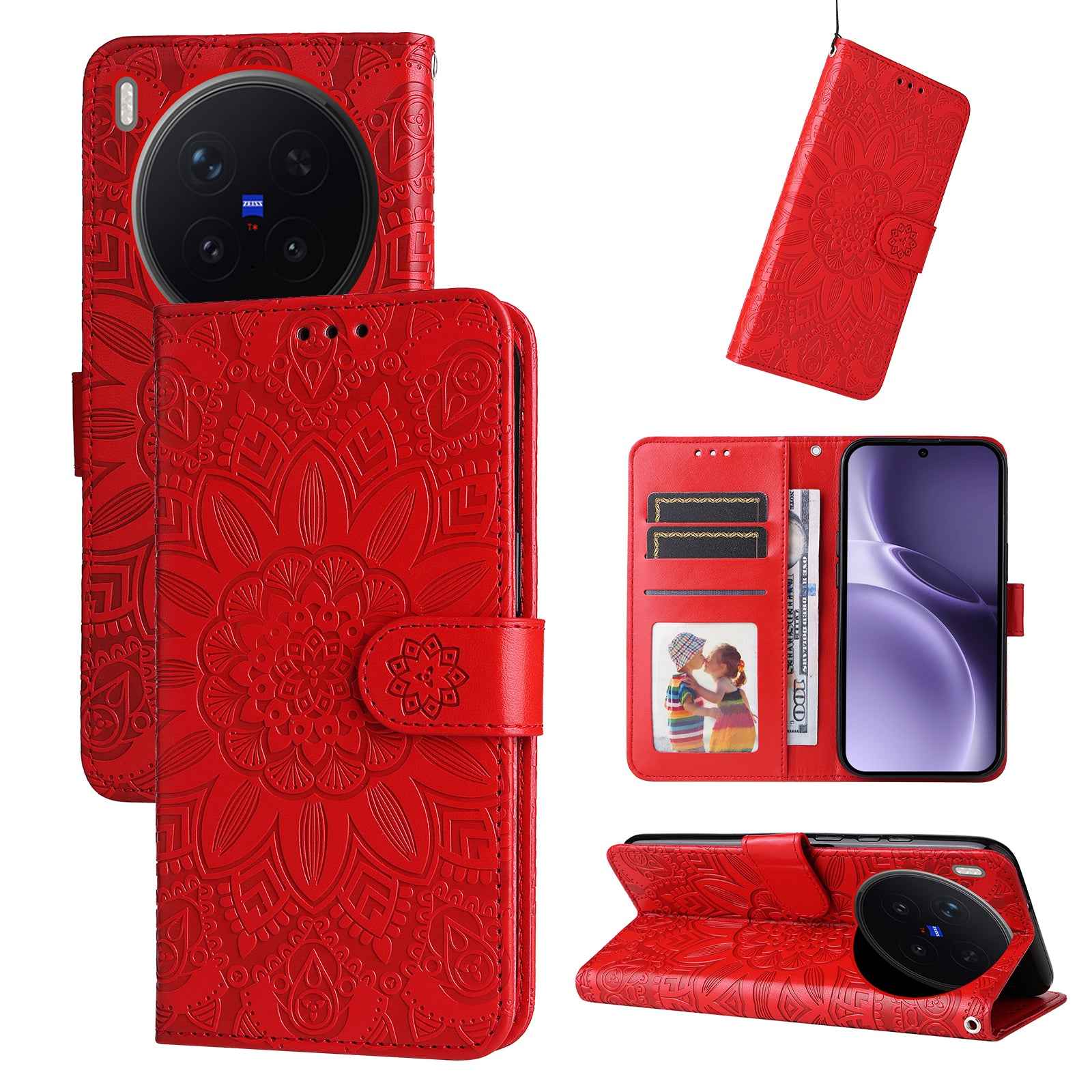 For vivo X300 Pro 5G Case Sunflower Imprint Leather Wallet Phone Cover - Red