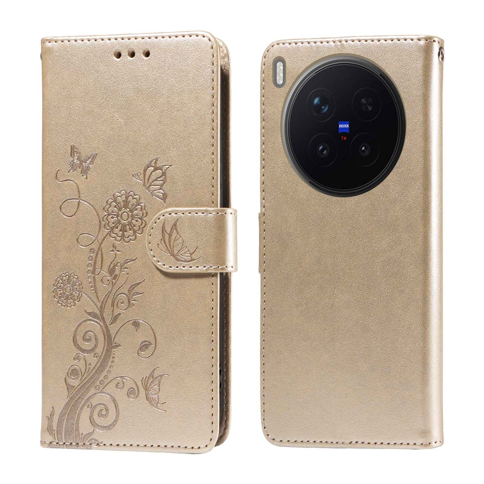 For vivo X300 Pro 5G Leather Case Butterfly Floral Imprint Wallet Stand Cover - Golden