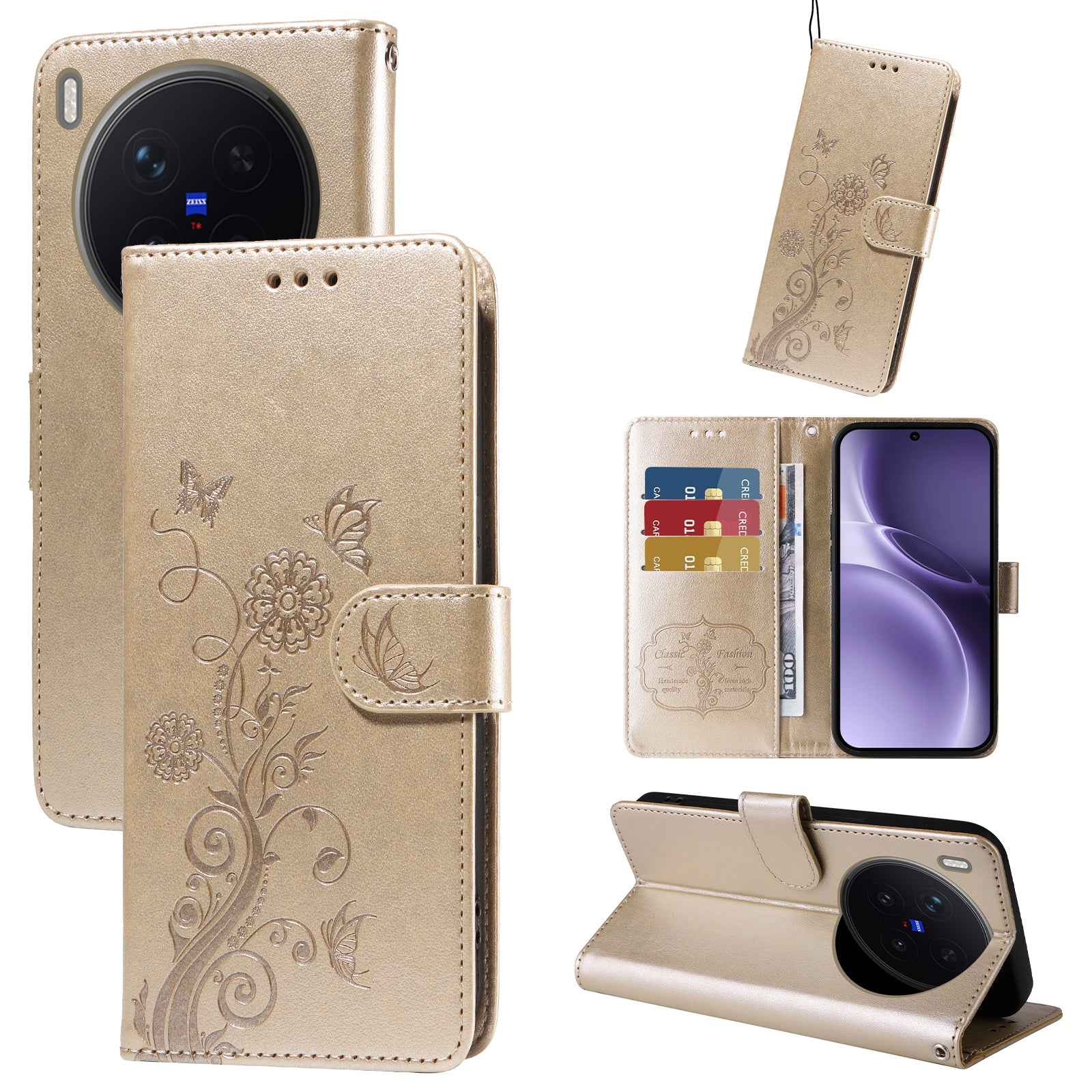 For vivo X300 Pro 5G Leather Case Butterfly Floral Imprint Wallet Stand Cover - Golden