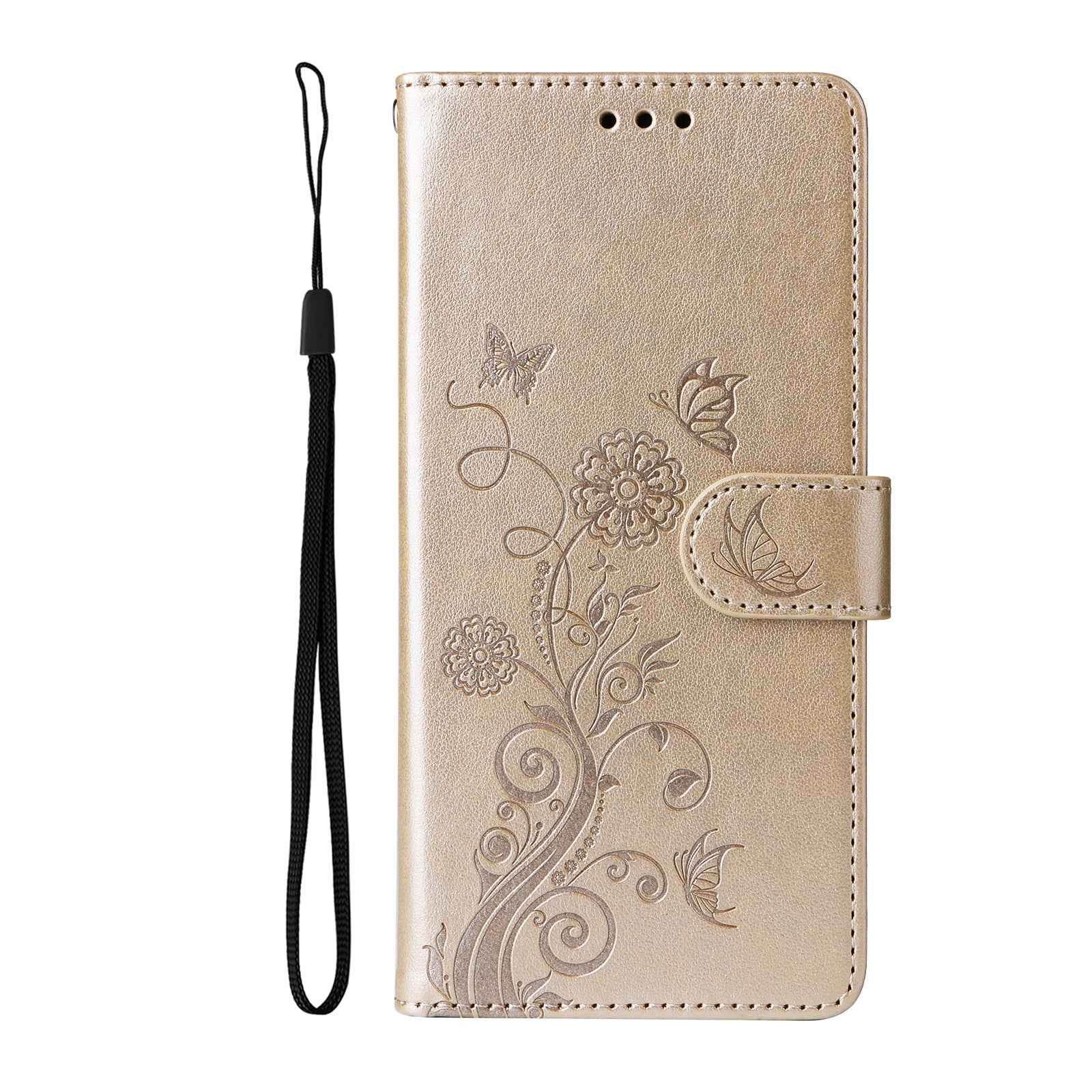 For vivo X300 Pro 5G Leather Case Butterfly Floral Imprint Wallet Stand Cover - Golden