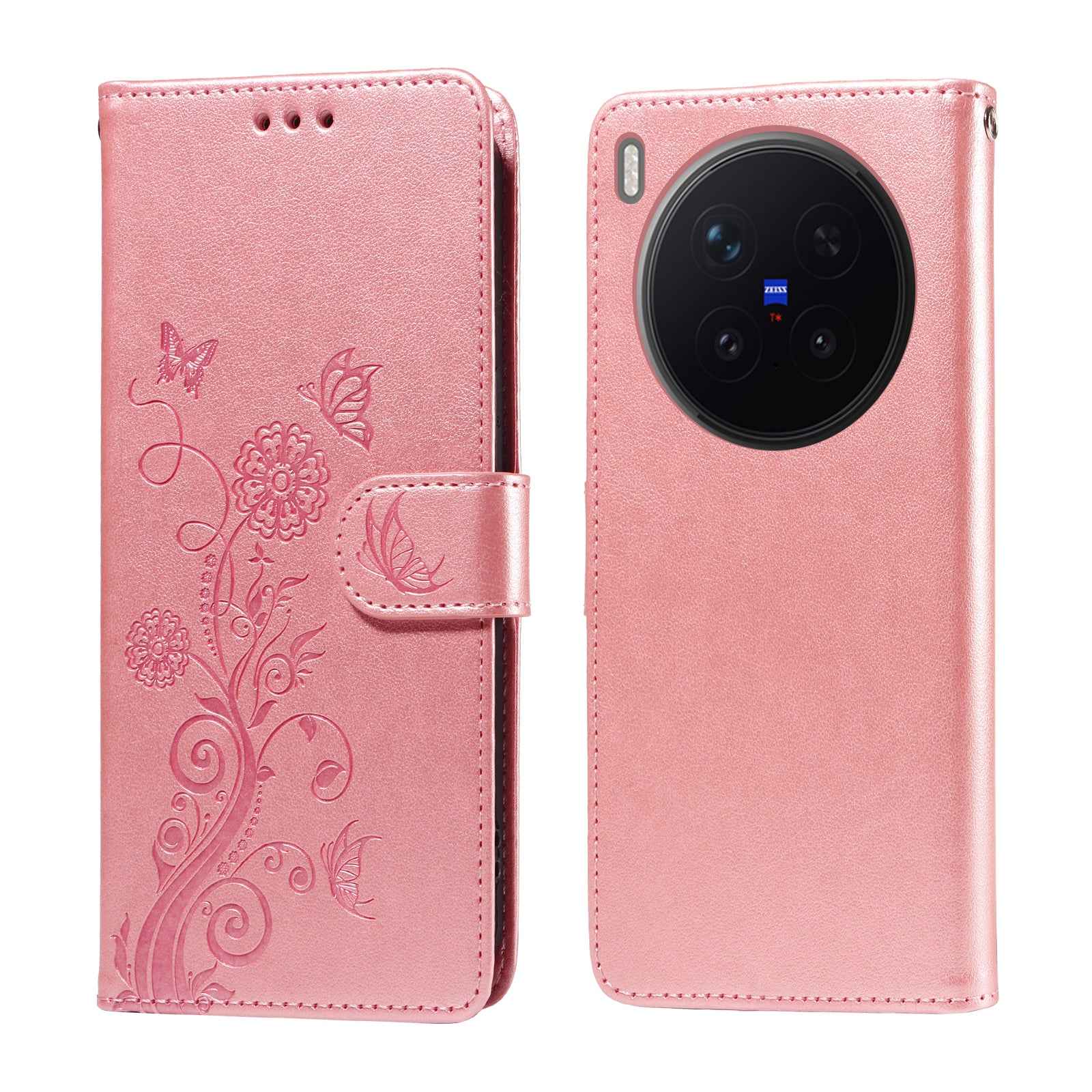 For vivo X300 Pro 5G Leather Case Butterfly Floral Imprint Wallet Stand Cover - Pink