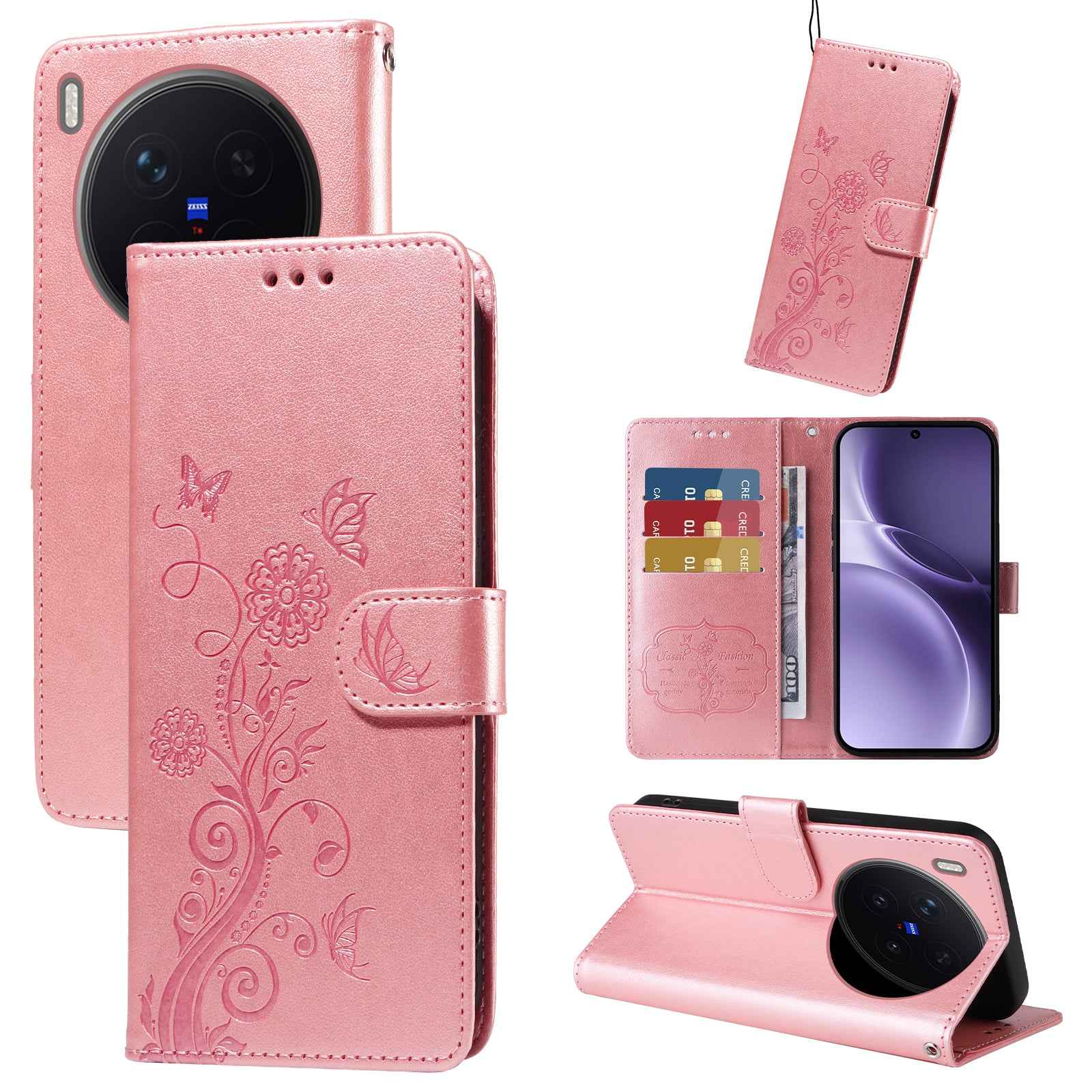 For vivo X300 Pro 5G Leather Case Butterfly Floral Imprint Wallet Stand Cover - Pink