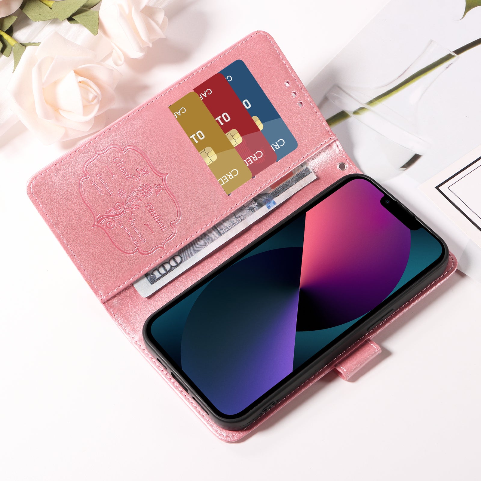 For vivo X300 Pro 5G Leather Case Butterfly Floral Imprint Wallet Stand Cover - Pink