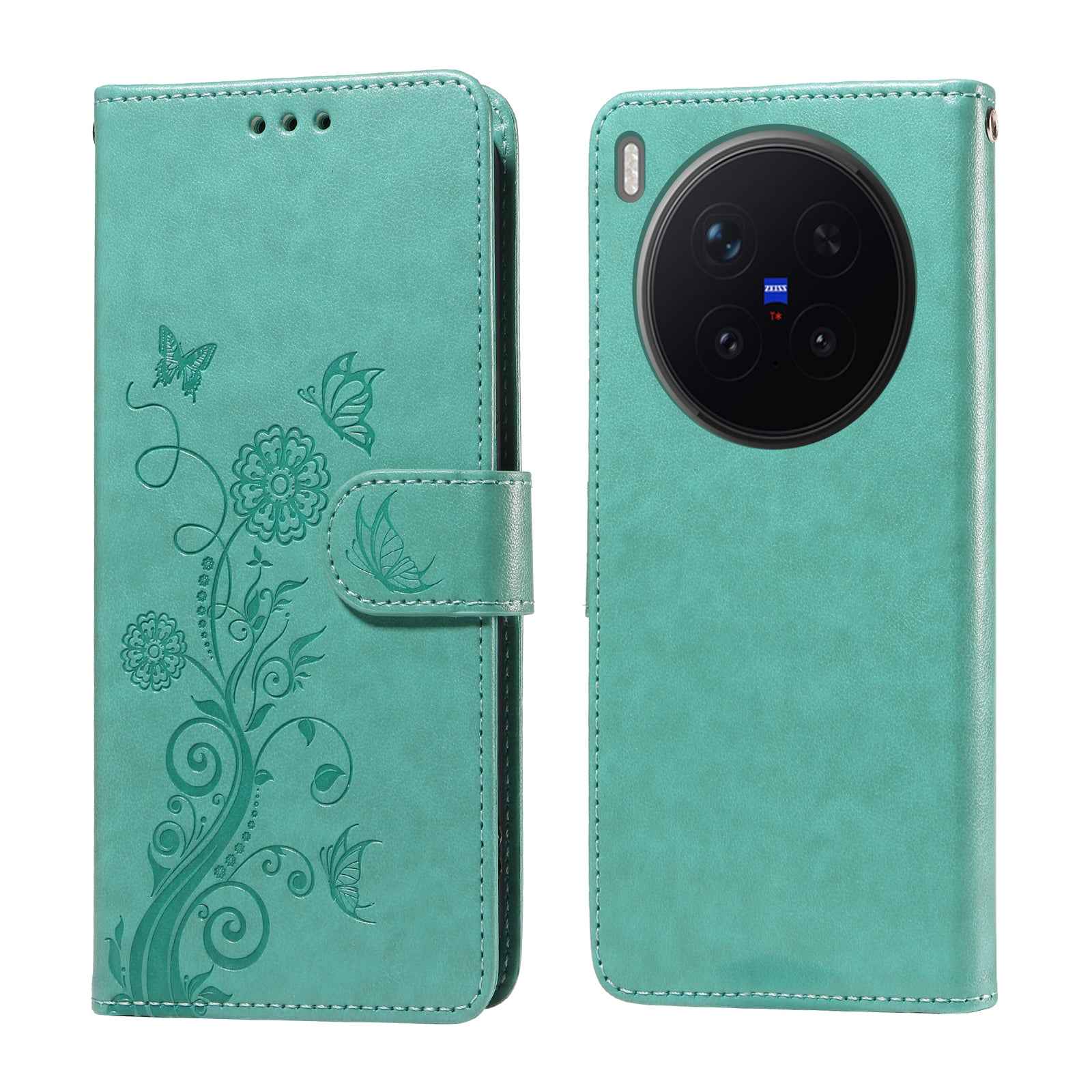 For vivo X300 Pro 5G Leather Case Butterfly Floral Imprint Wallet Stand Cover - Green