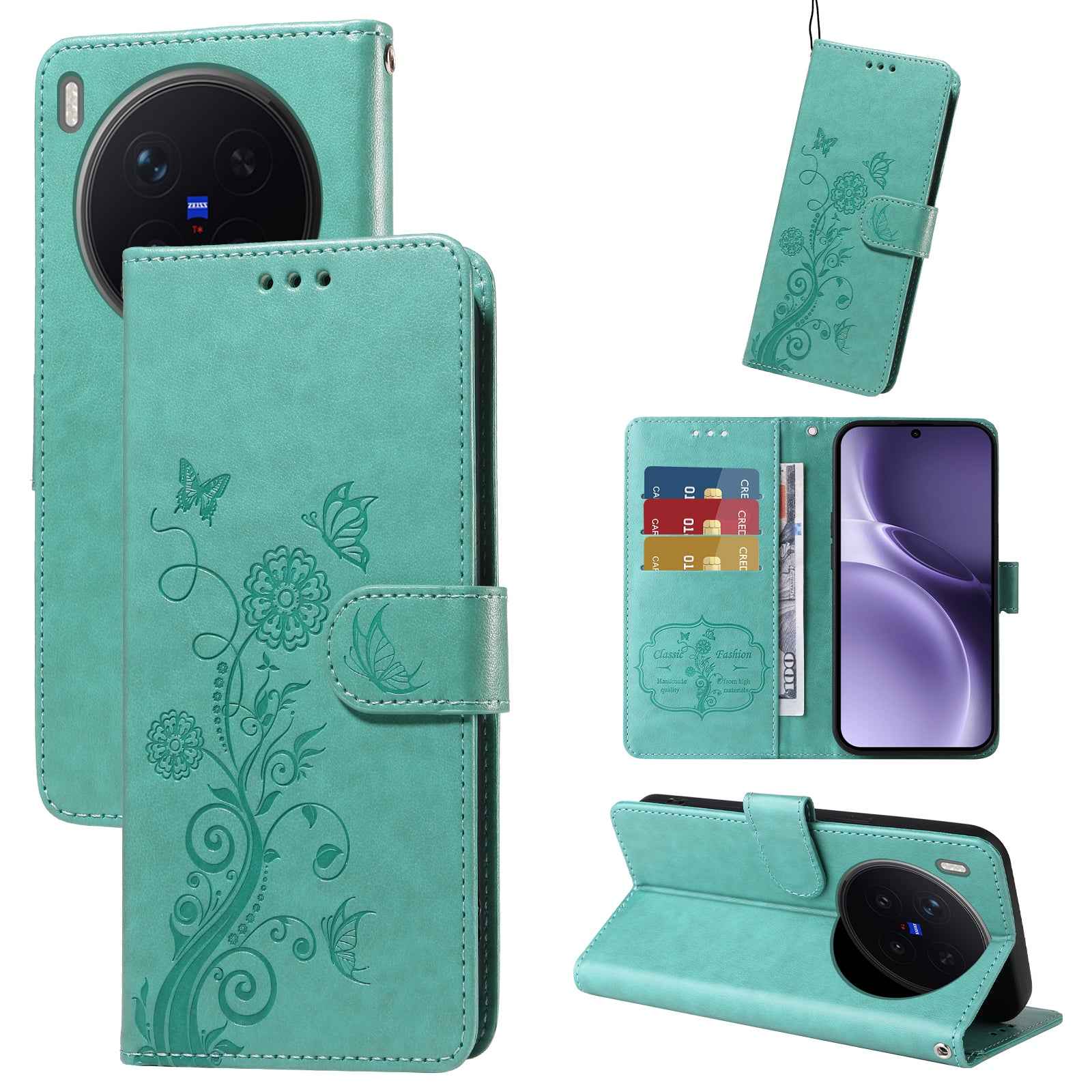 For vivo X300 Pro 5G Leather Case Butterfly Floral Imprint Wallet Stand Cover - Green