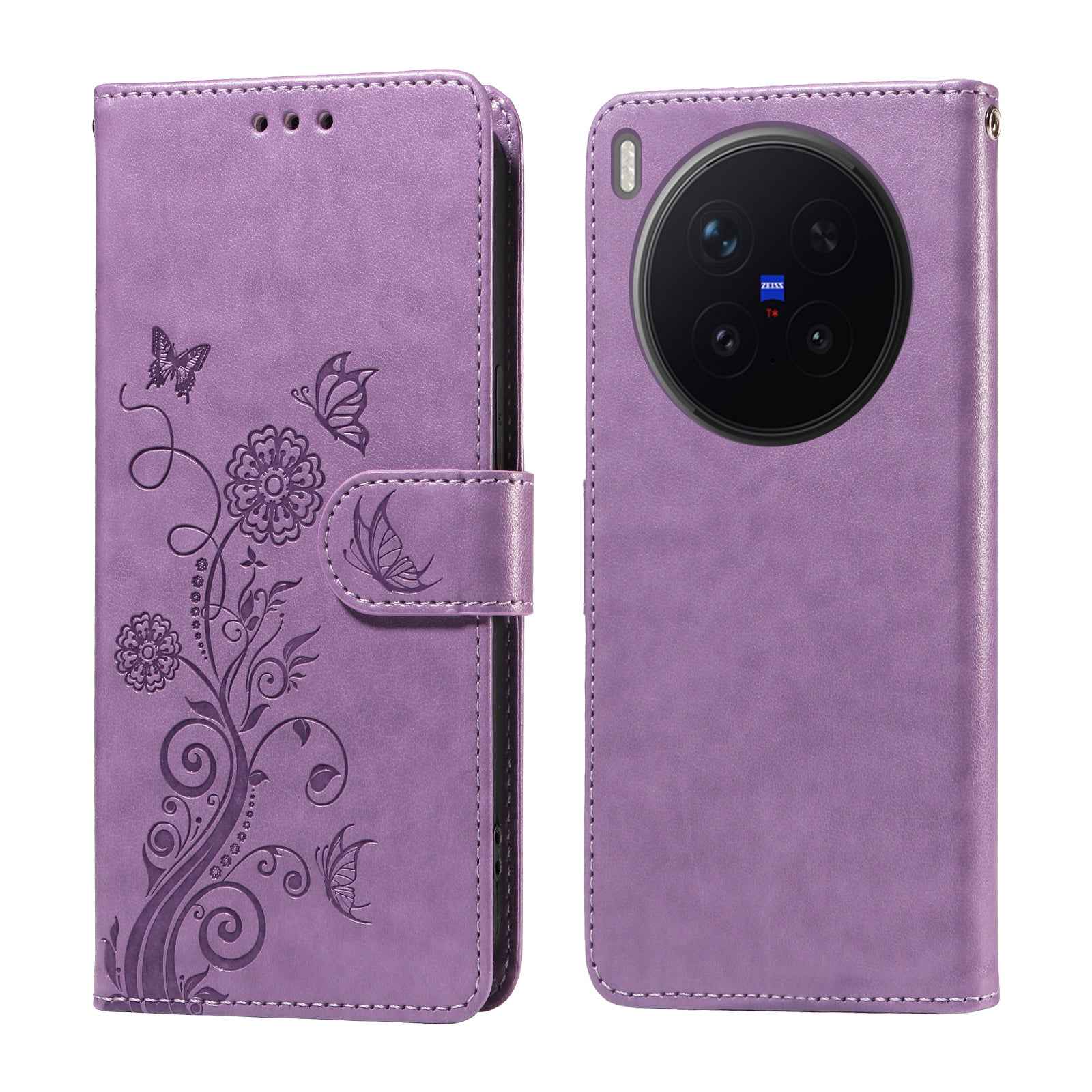 For vivo X300 Pro 5G Leather Case Butterfly Floral Imprint Wallet Stand Cover - Purple