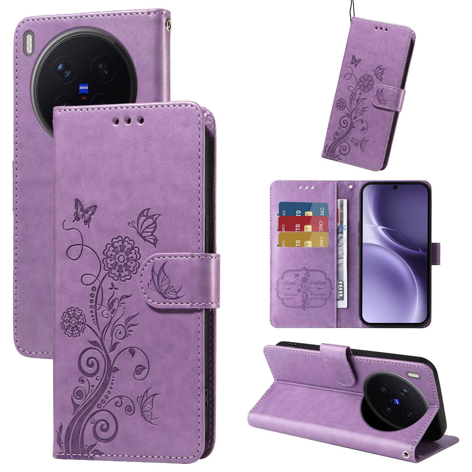 For vivo X300 Pro 5G Leather Case Butterfly Floral Imprint Wallet Stand Cover - Purple